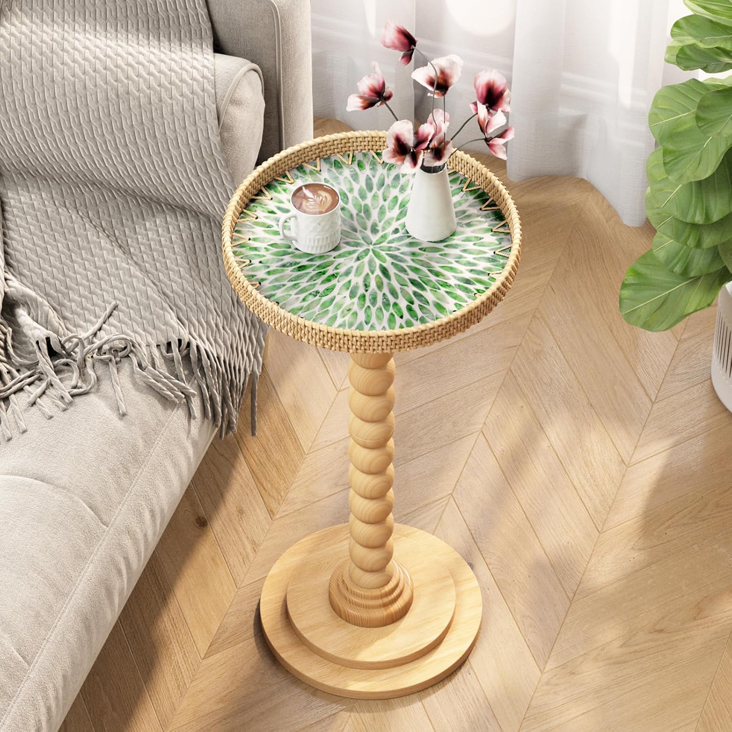 Pearl Inlay Rattan Round Side Table