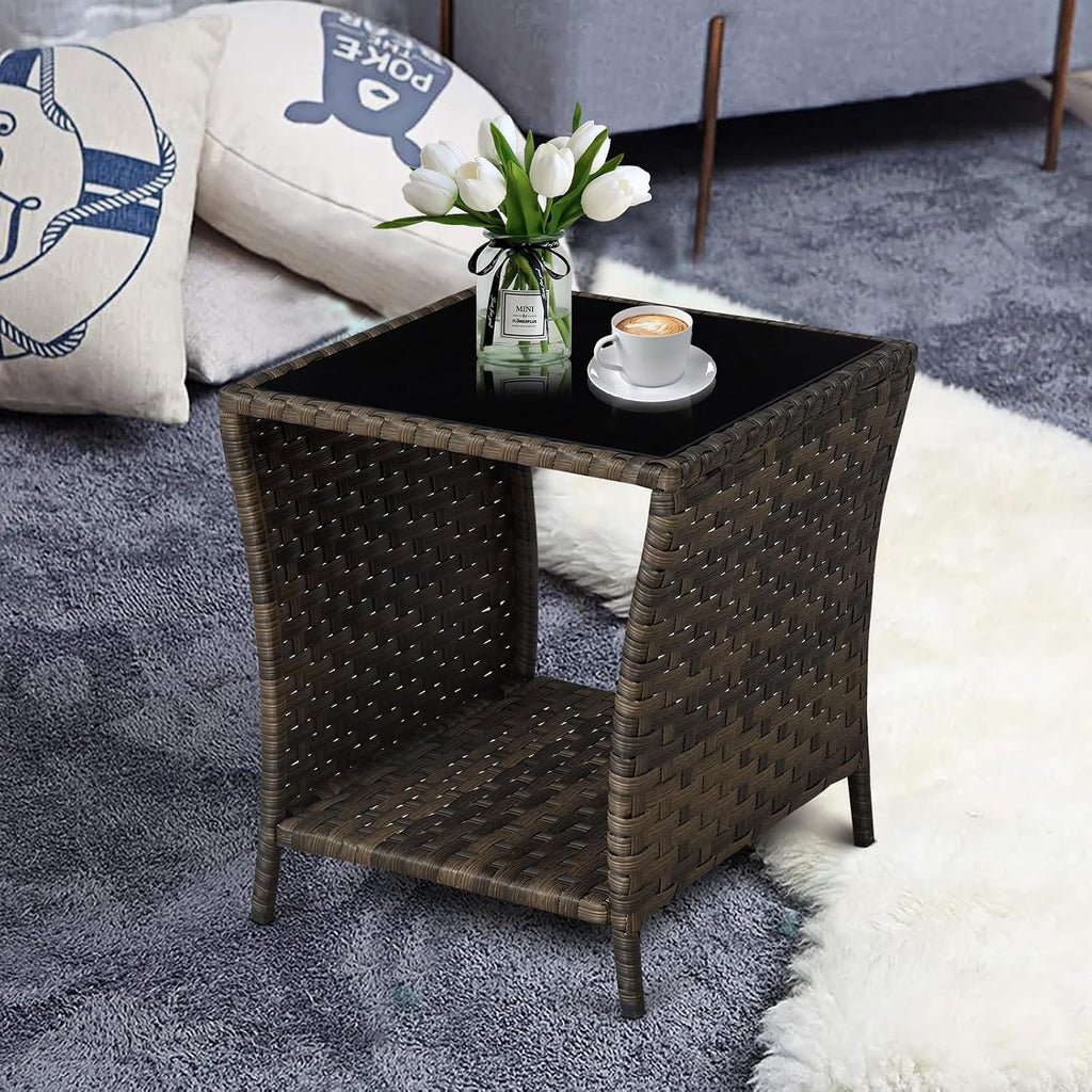 Rattan Glass Top Side Table Storage Patio Garden Furniture