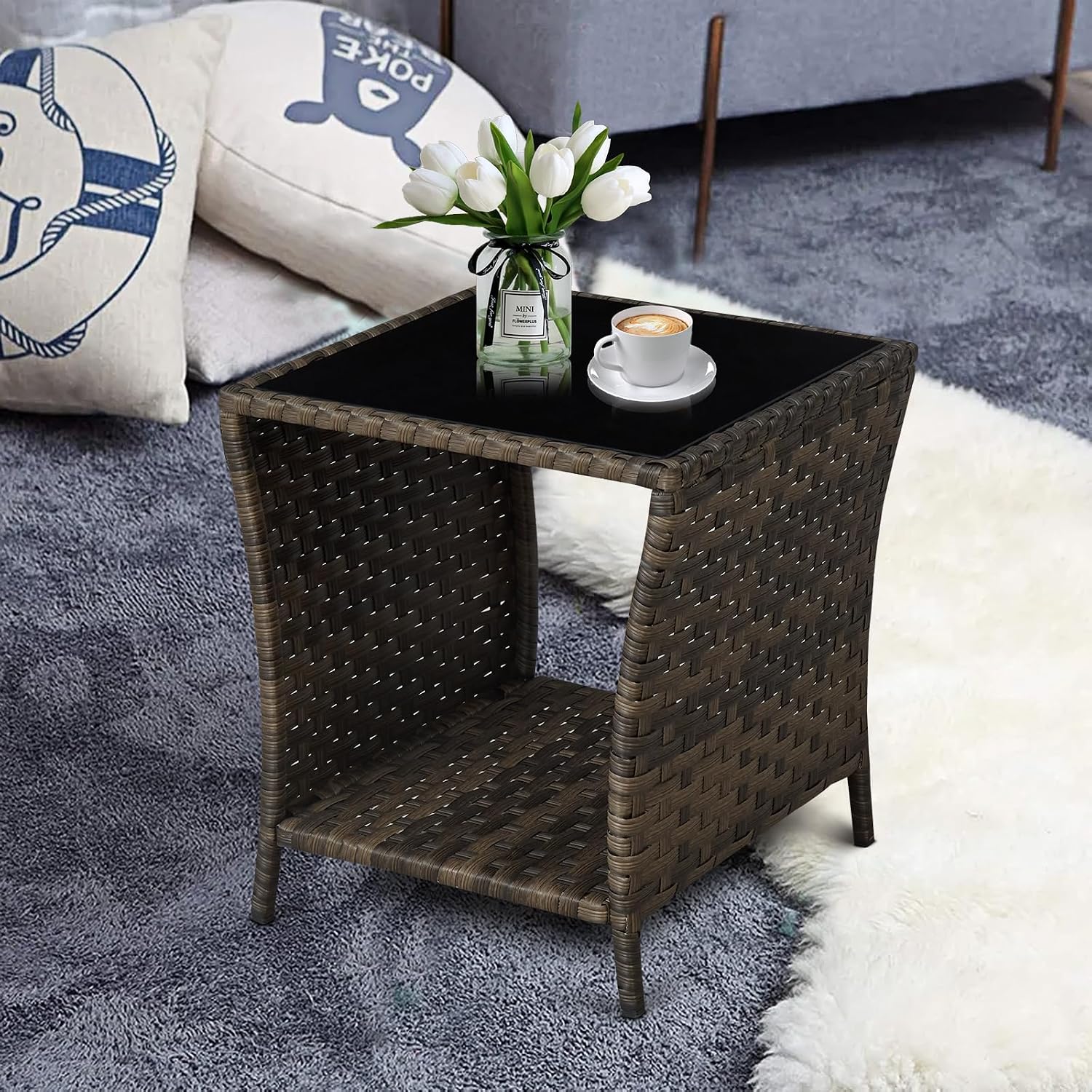 Rattan Glass Top Side Table Storage Patio Garden Furniture