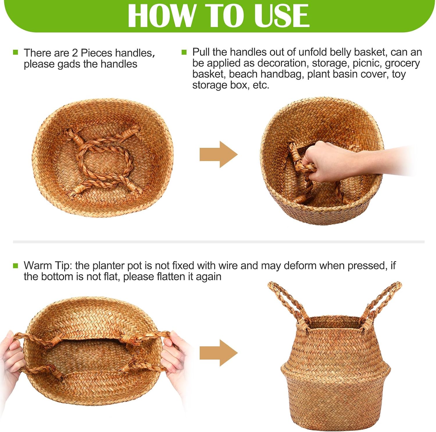 Natural Boho Belly Baskets 4 Pack Indoor Plant Planters