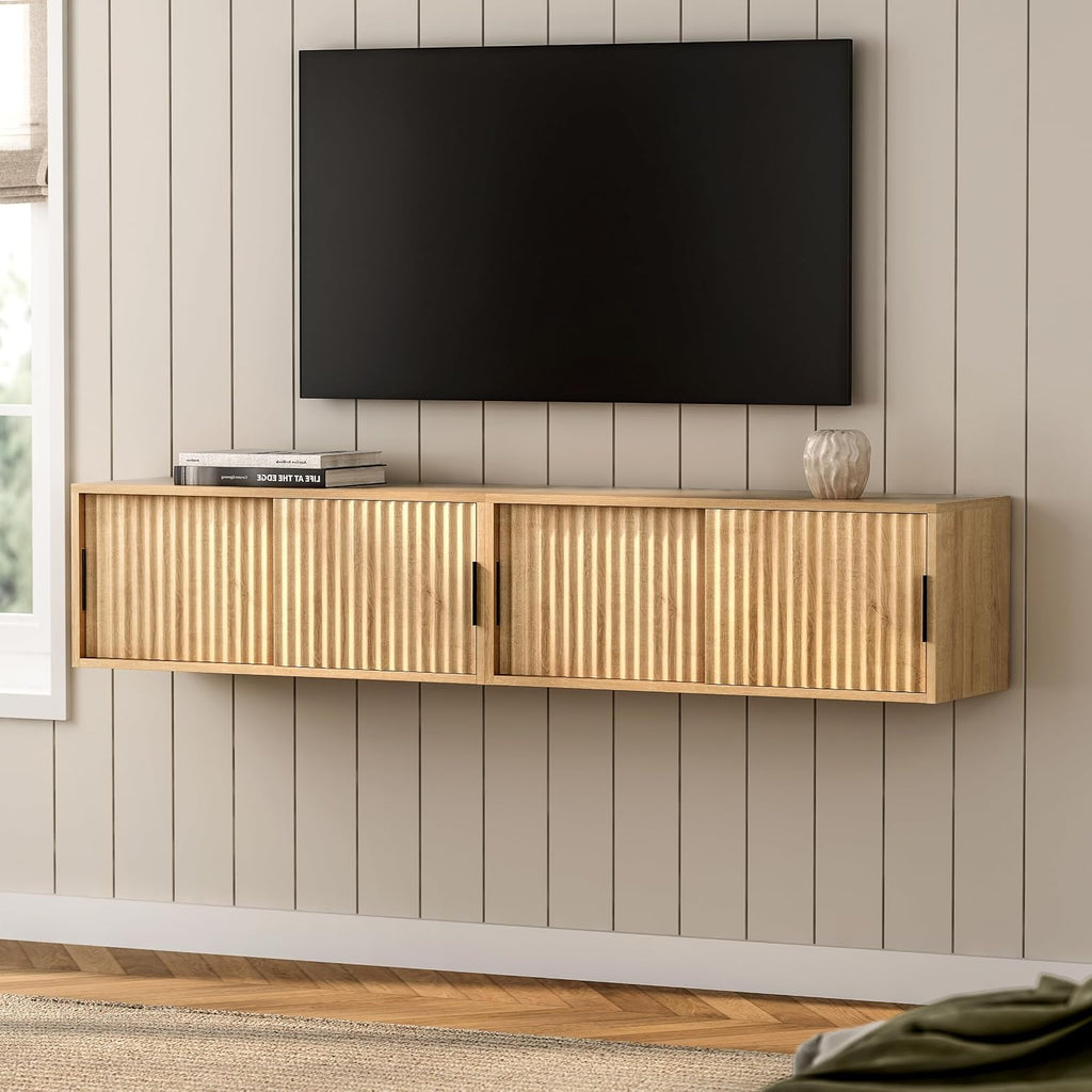 Oak Fluted Floating TV Shelves 2 Pack Storage Console