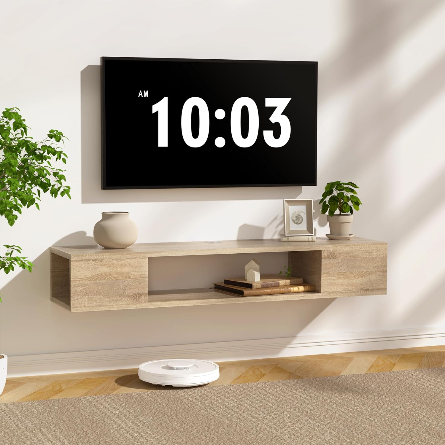 Oak Floating Wall TV Console Storage Cabinet Shelf