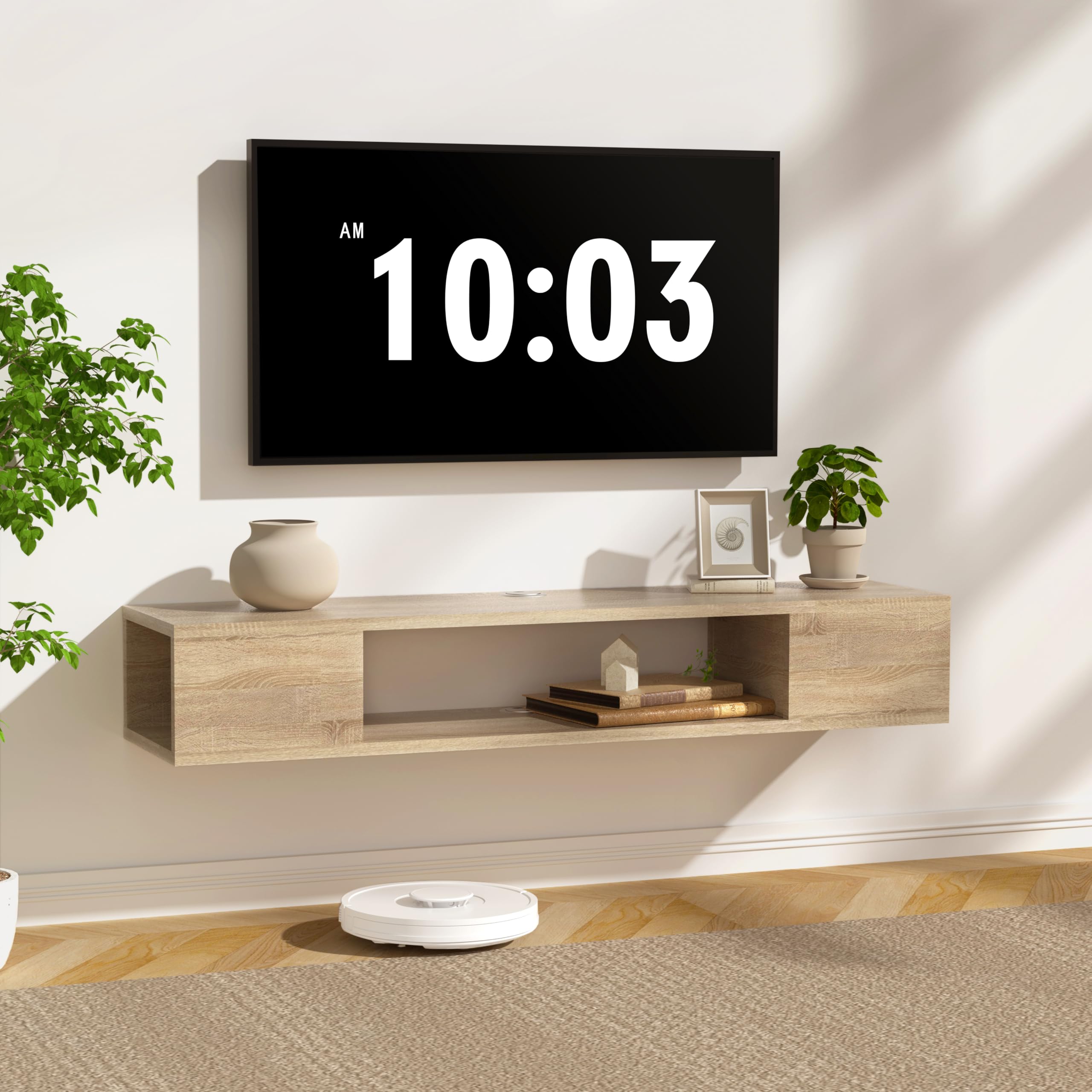 Oak Floating Wall TV Console Storage Cabinet Shelf