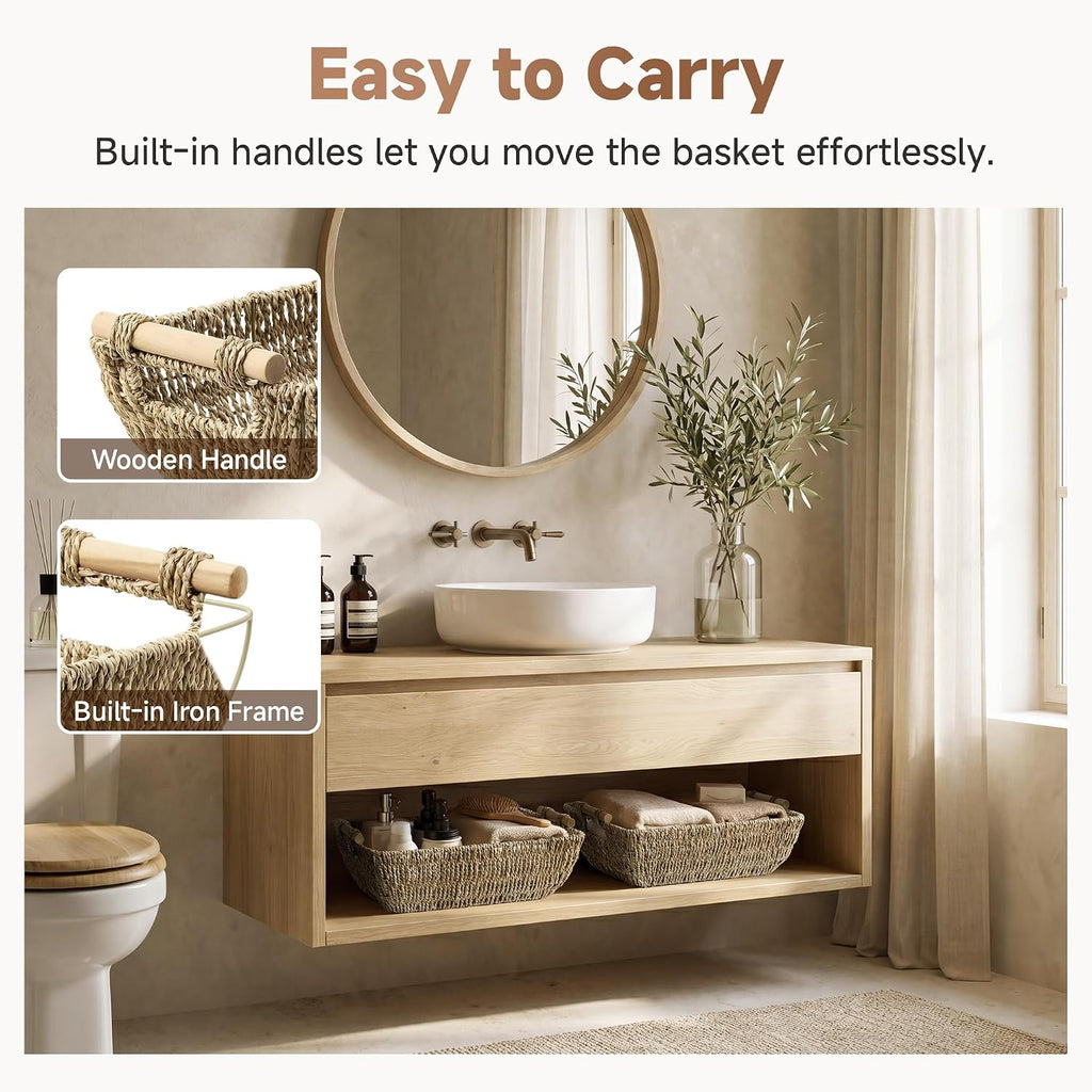 Jumbo Seagrass Baskets Wooden Handles 2 Pack Organizers