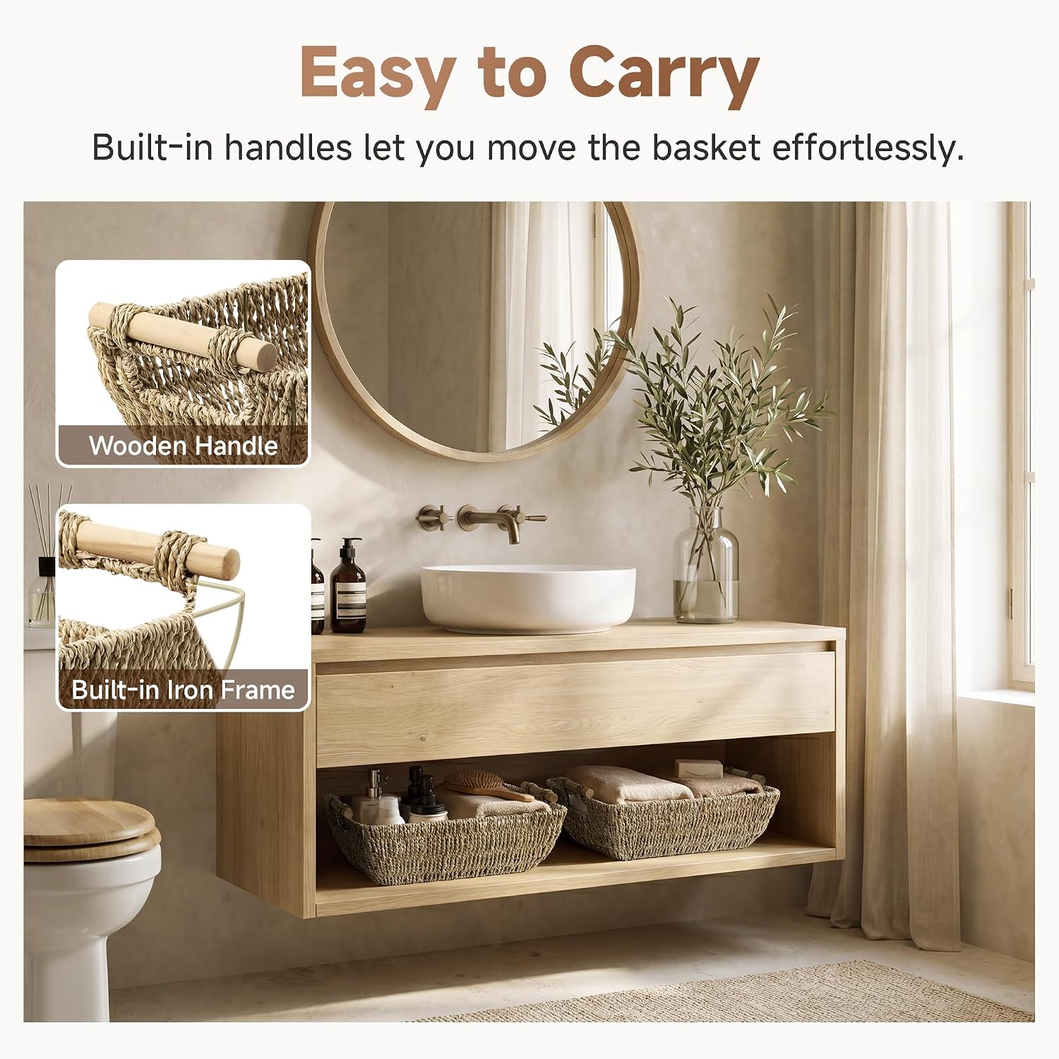 Jumbo Seagrass Baskets Wooden Handles 2 Pack Organizers