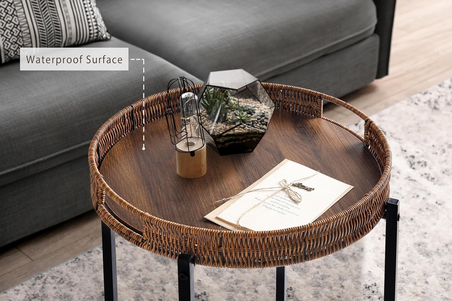 Round Rattan Side Table Wooden Top Indoor Outdoor Furniture