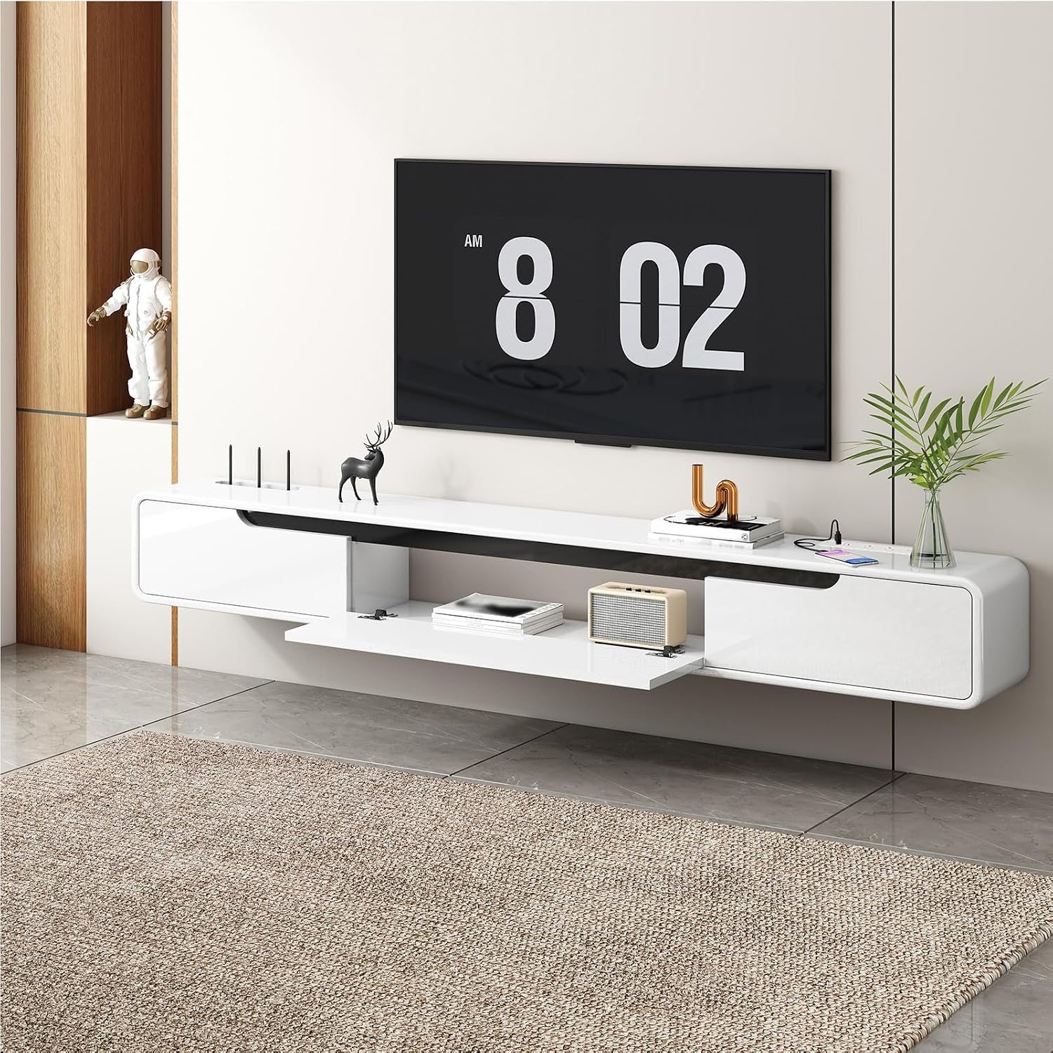 White Floating TV Stand Power Outlet Media Console