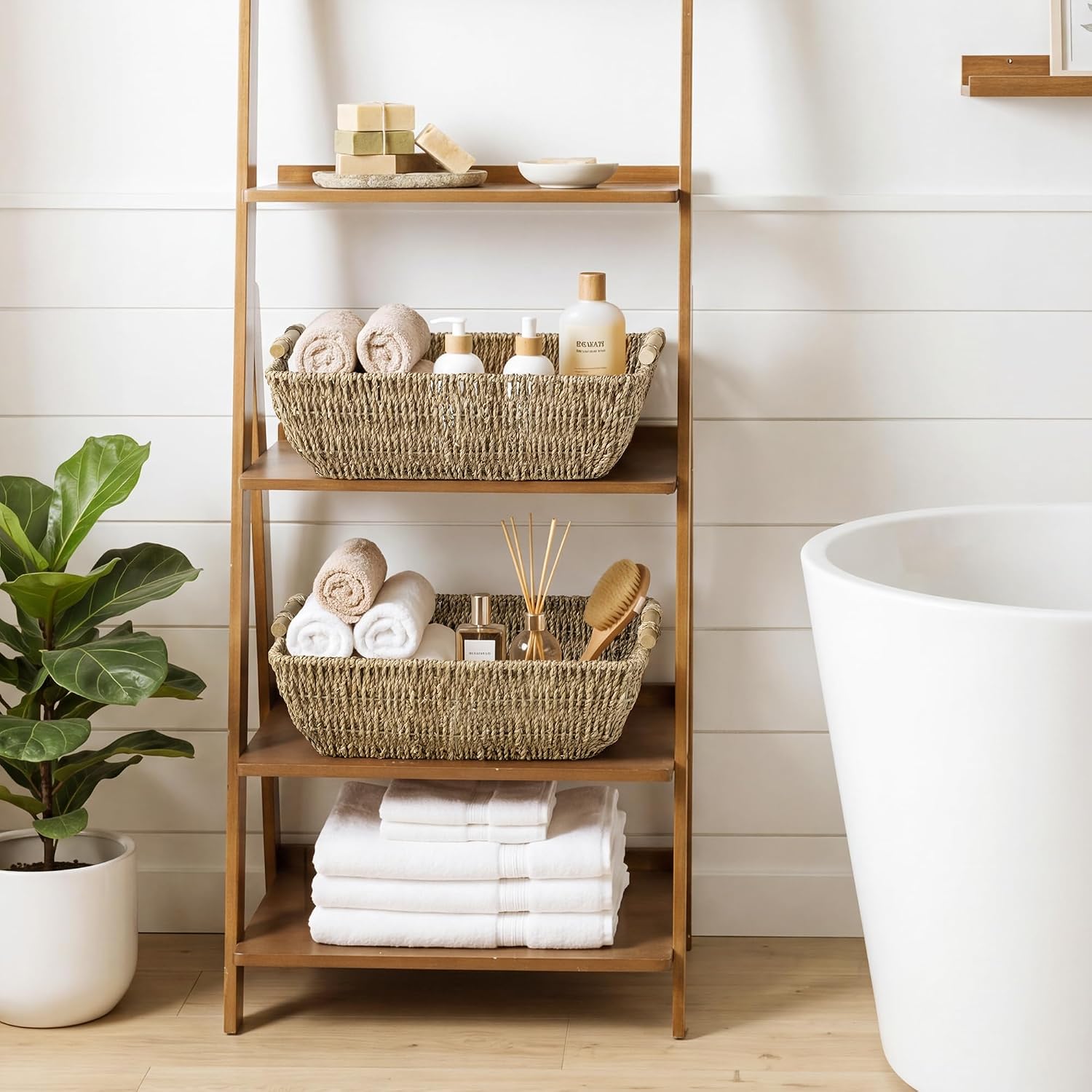 Jumbo Seagrass Baskets Wooden Handles 2 Pack Organizers