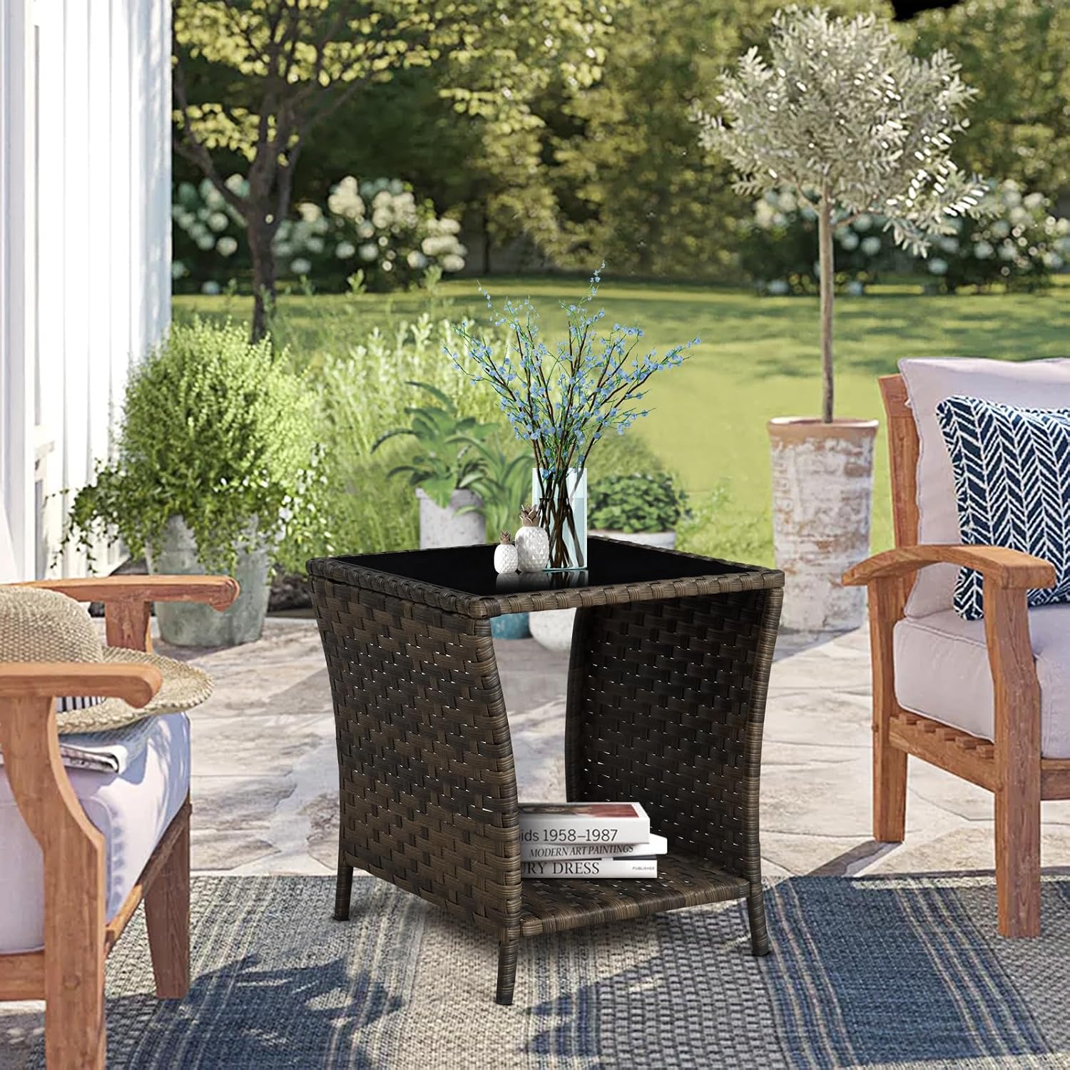Rattan Glass Top Side Table Storage Patio Garden Furniture