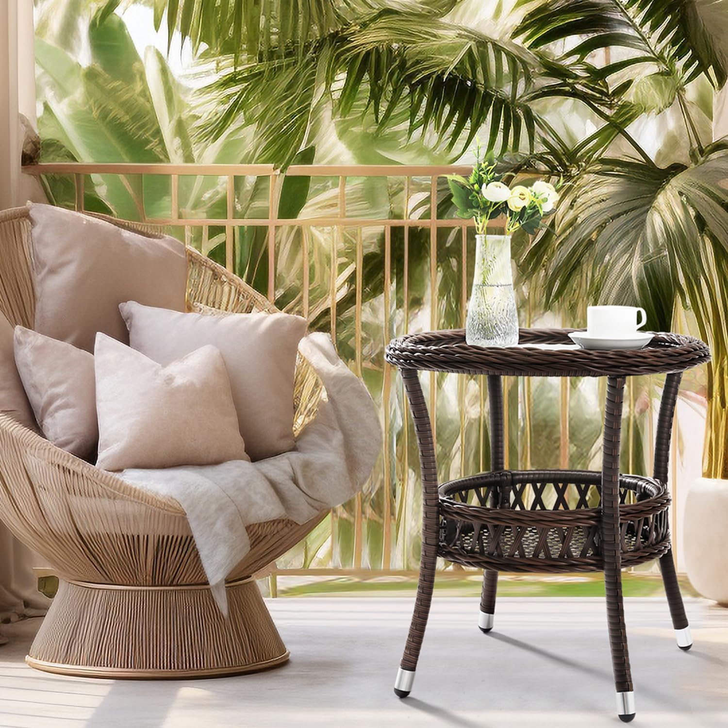 Brown Rattan Round Side Tables 2 Pack Patio Furniture