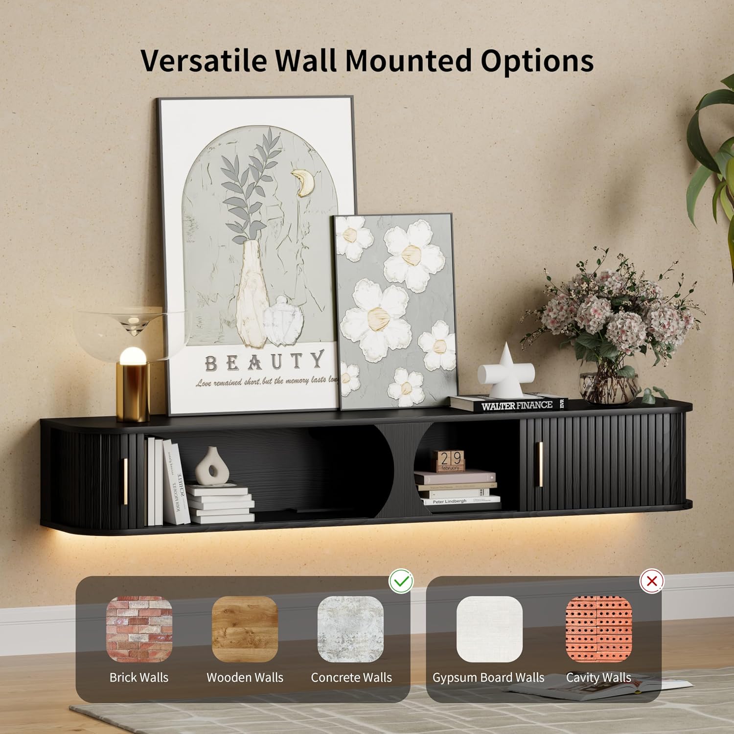 Floating LED TV Stand Power Outlet Living Room Console