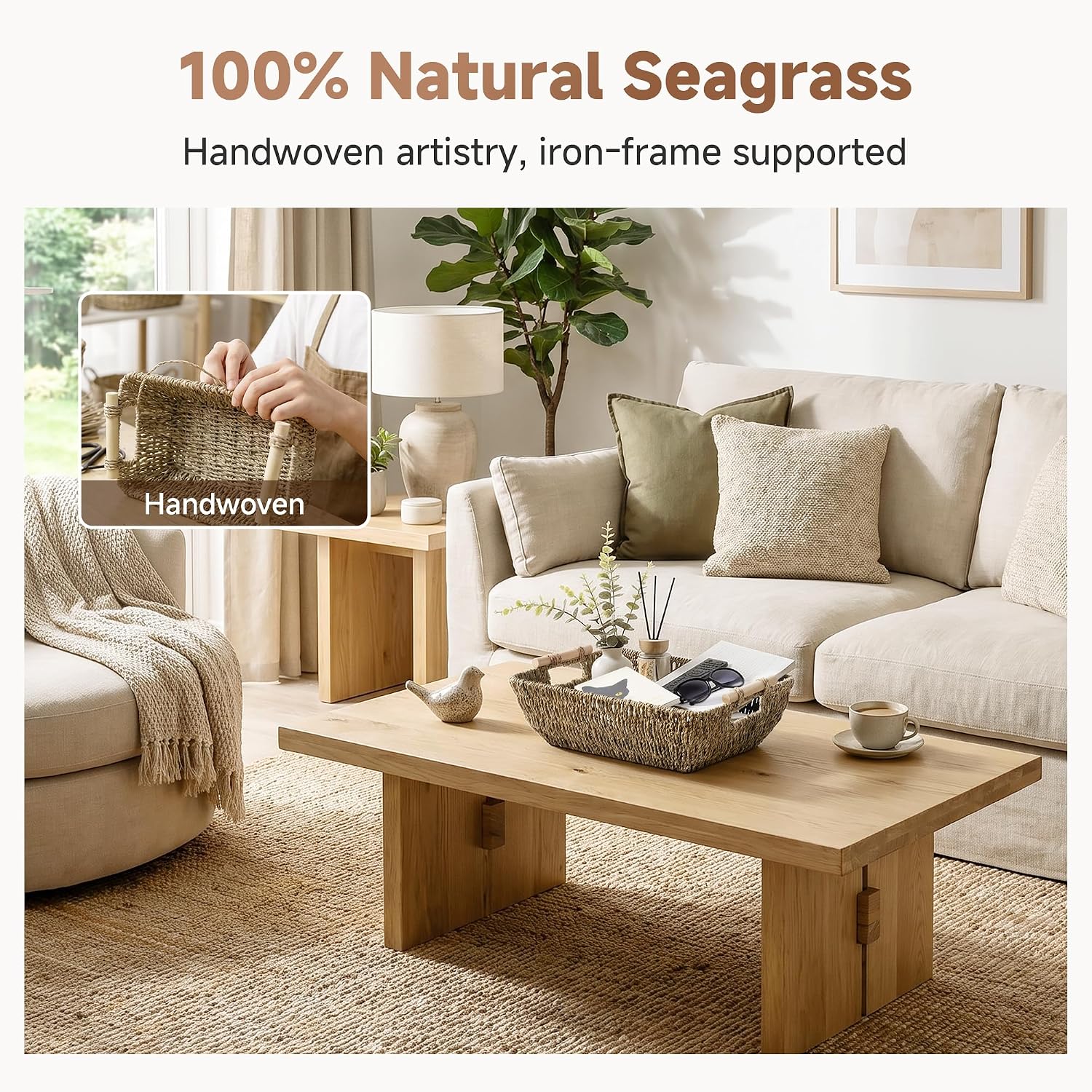 Jumbo Seagrass Baskets Wooden Handles 2 Pack Organizers