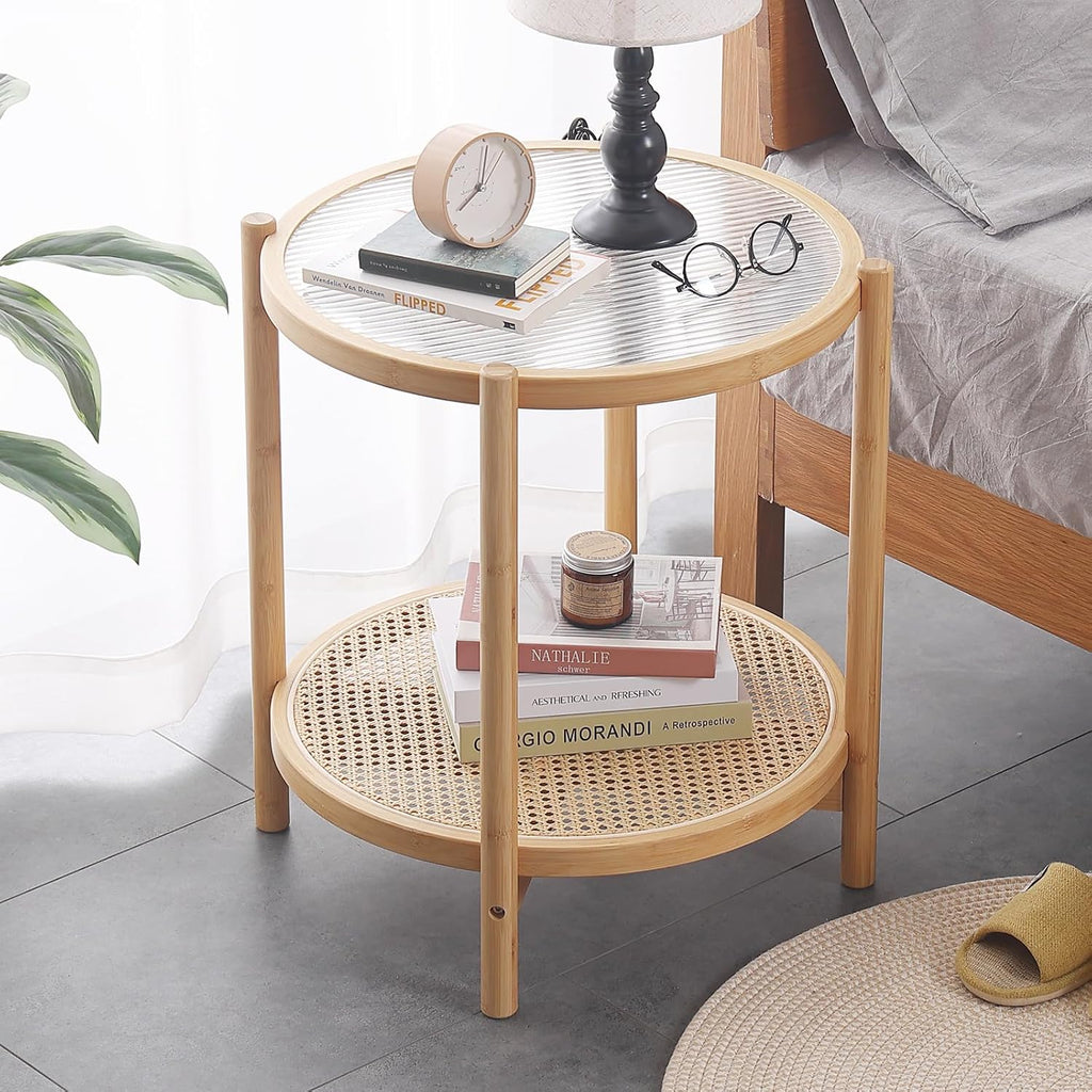 Round Rattan Glass Side Table