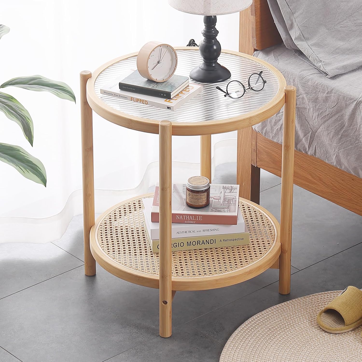 Round Rattan Glass Side Table