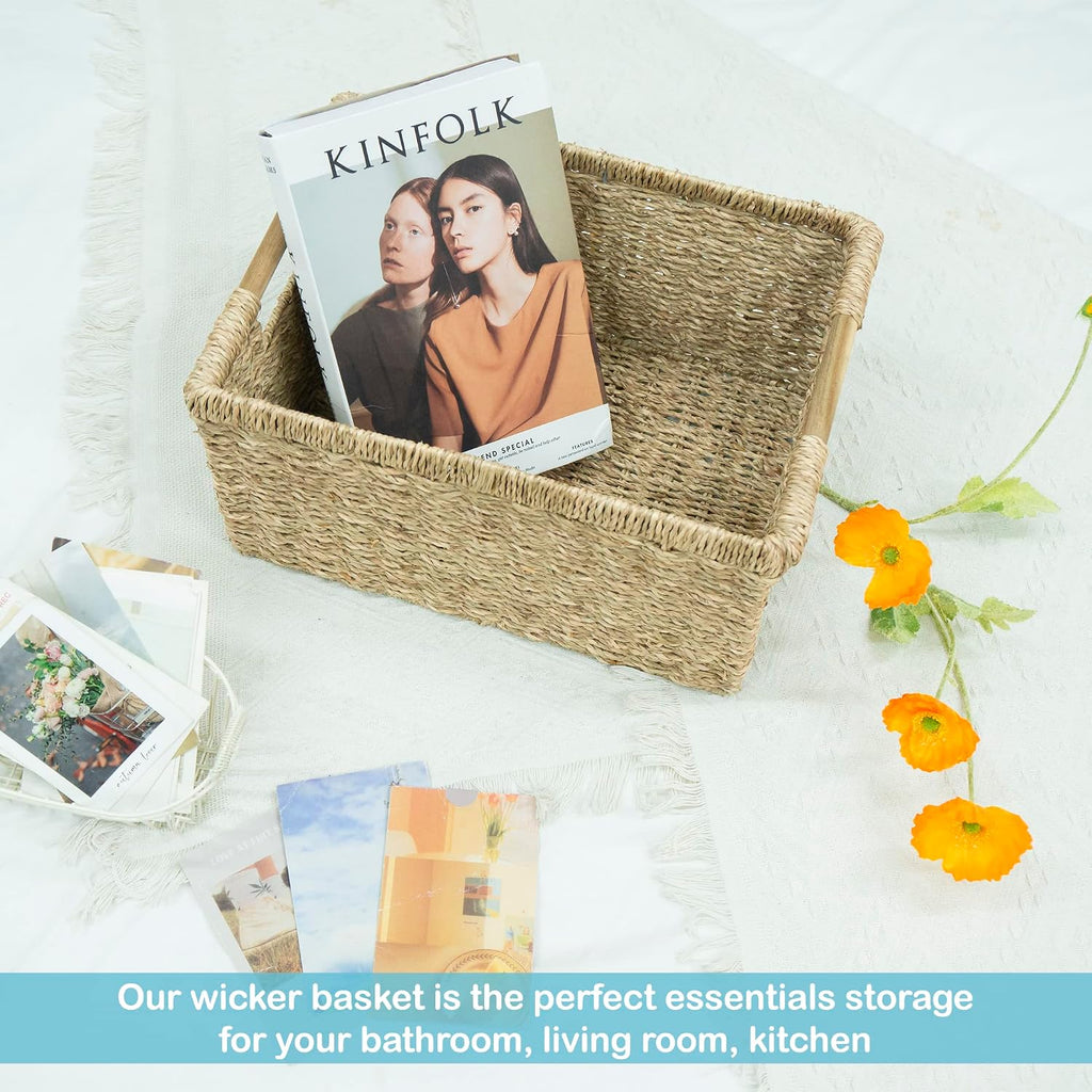 Natural Seagrass Bin Wooden Handles Shelf Storage Basket