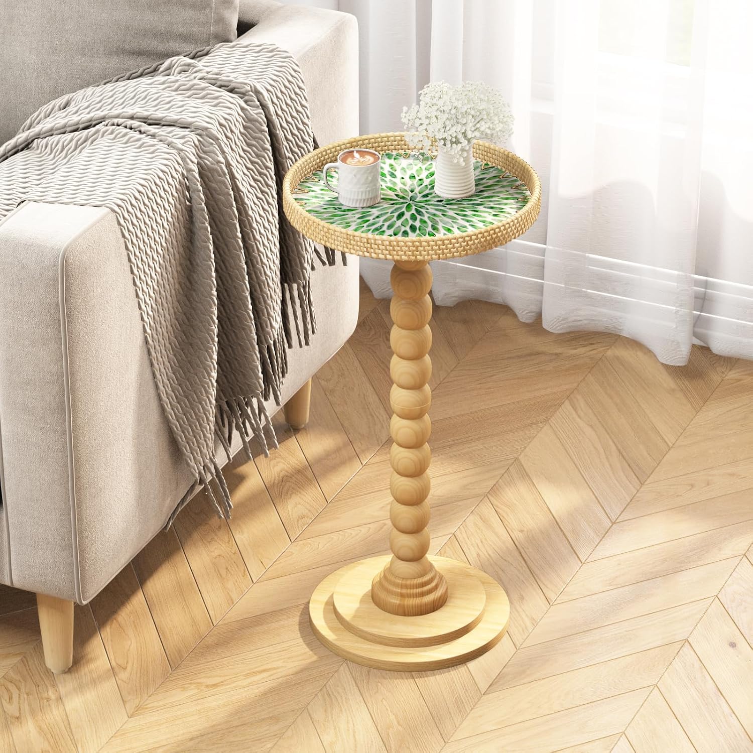 Pearl Inlay Rattan Round Side Table