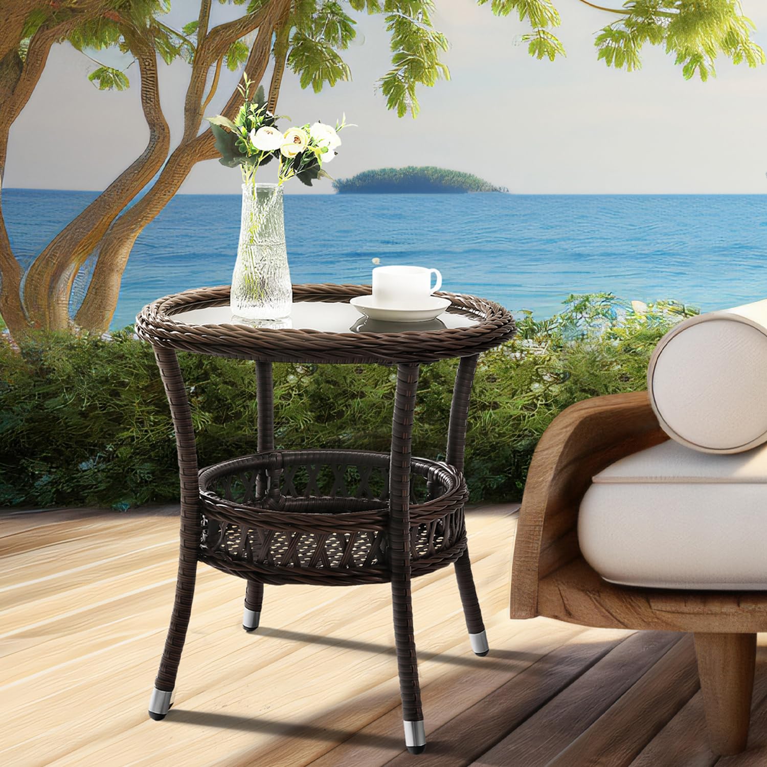 Brown Rattan Round Side Tables 2 Pack Patio Furniture