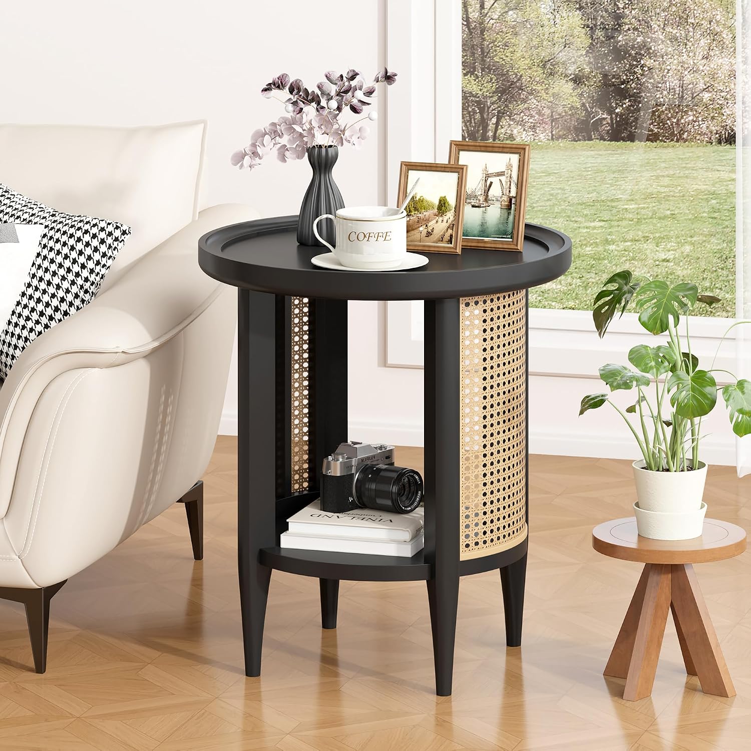 Black Rattan Round Side Table 2 Tier Home Furniture