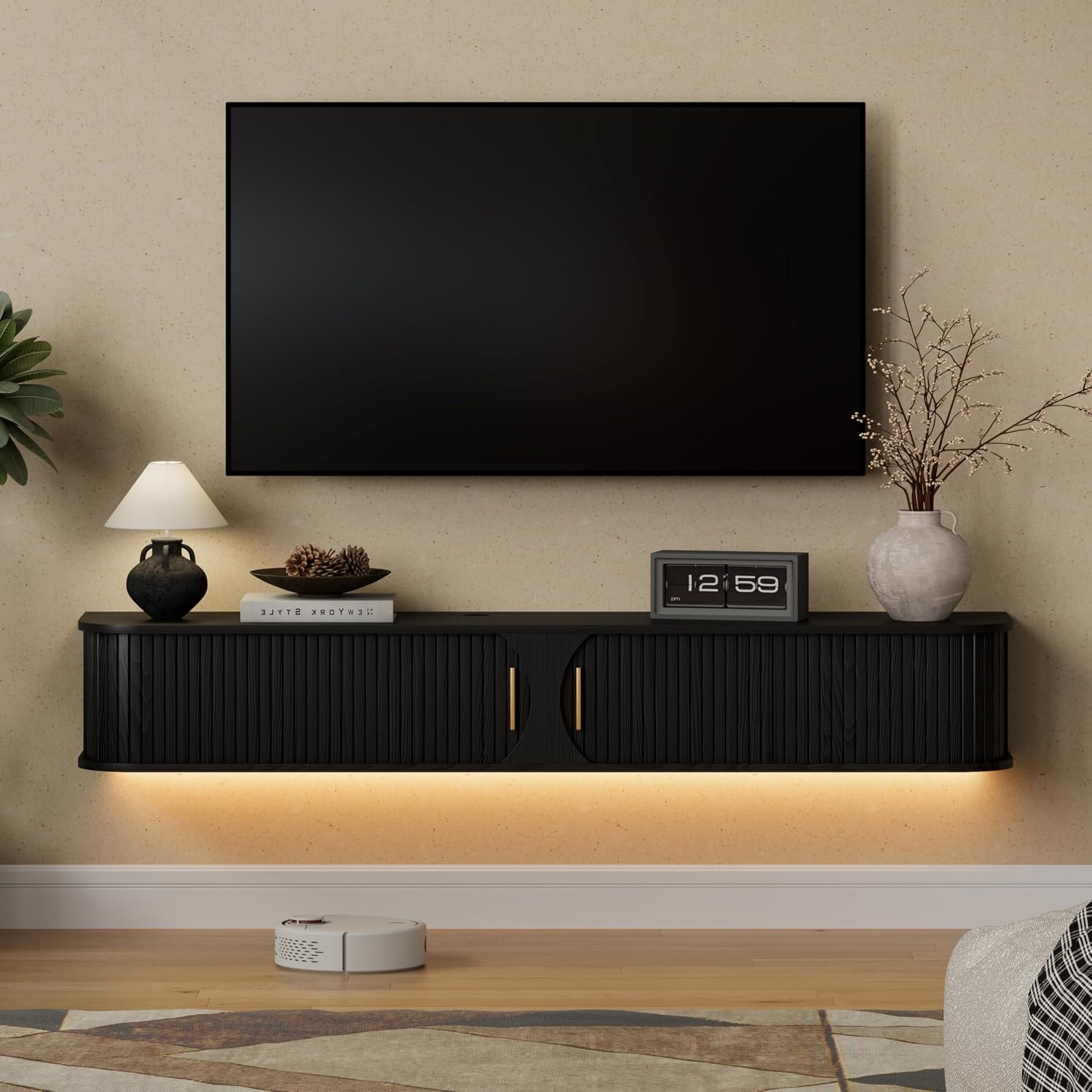 Floating LED TV Stand Power Outlet Living Room Console