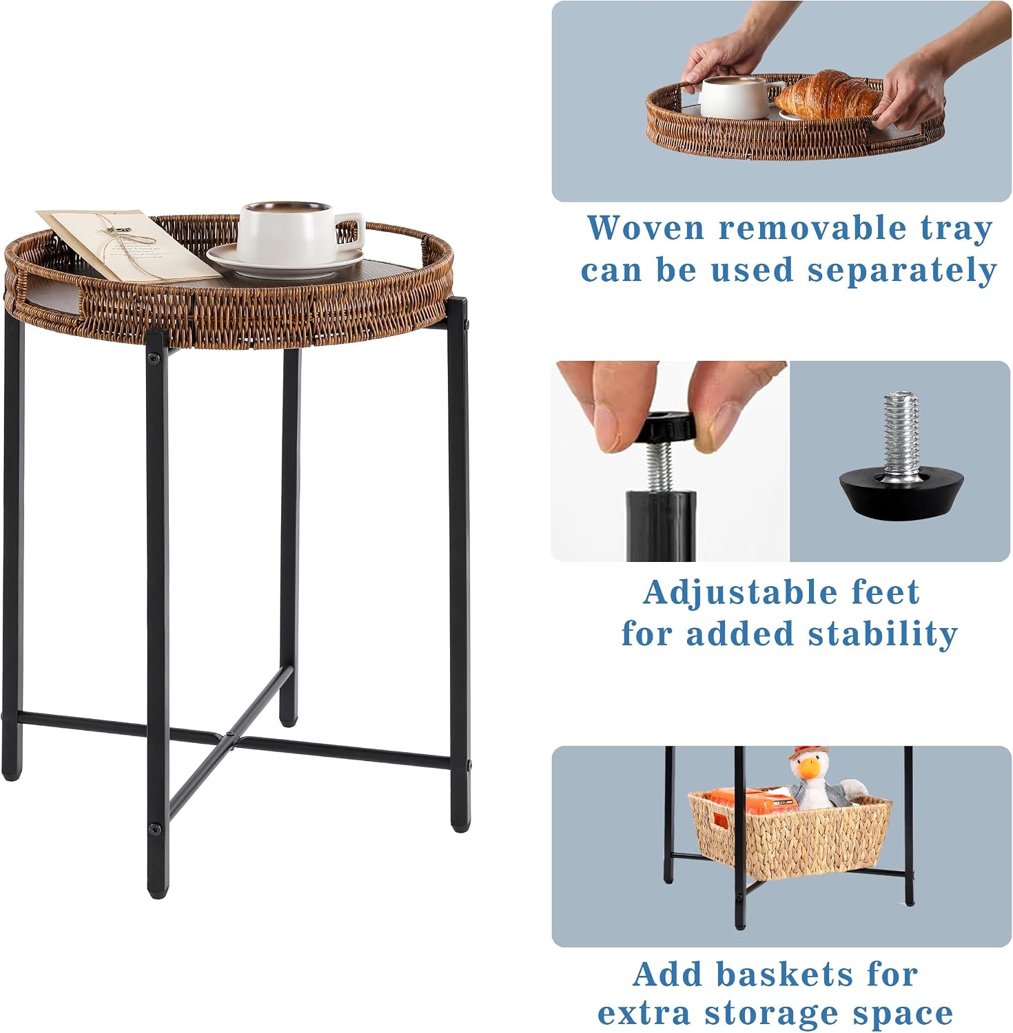 Round Rattan Side Table Wooden Top Indoor Outdoor Furniture