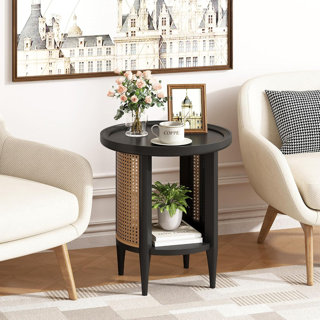 Black Rattan Round Side Table 2 Tier Home Furniture