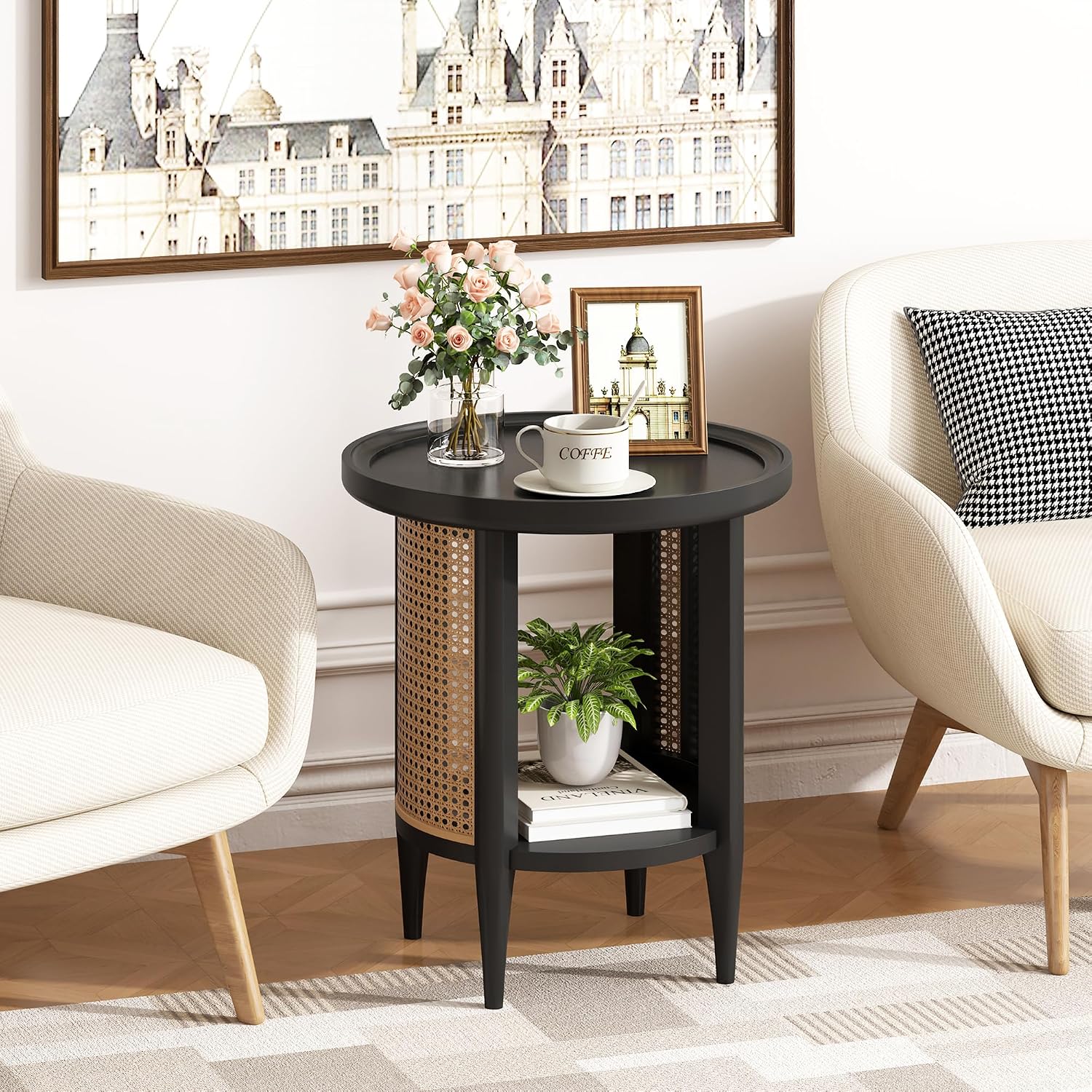 Black Rattan Round Side Table 2 Tier Home Furniture