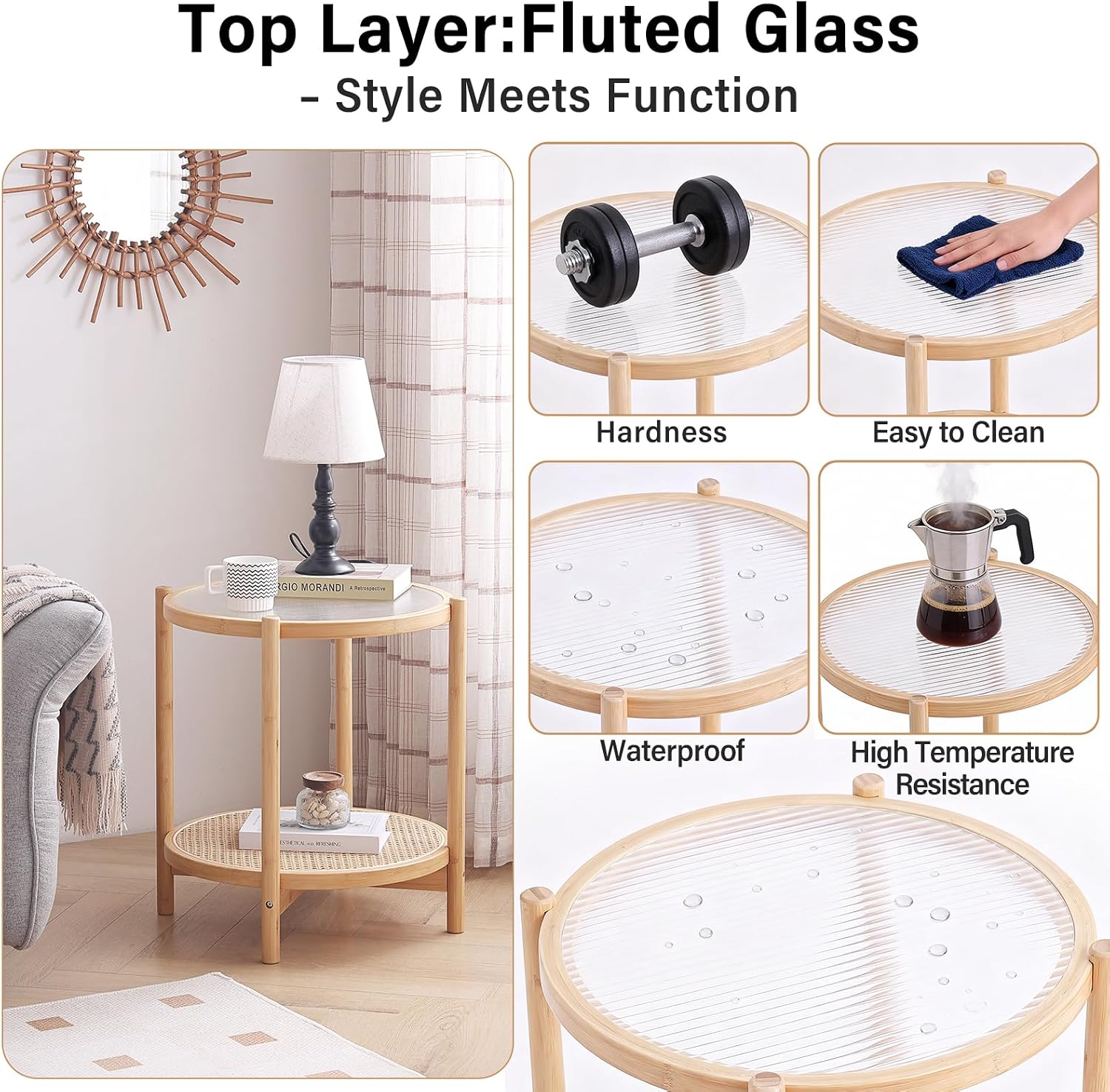 Round Rattan Glass Side Table