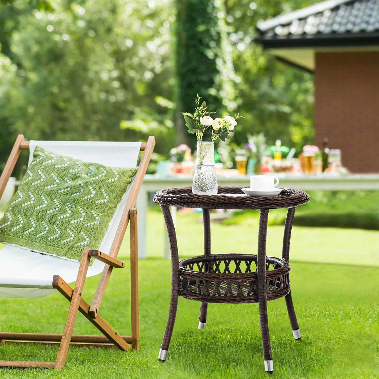 Brown Rattan Round Side Tables 2 Pack Patio Furniture