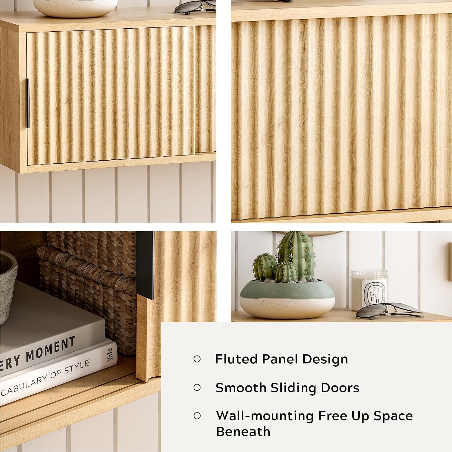 Oak Fluted Floating TV Shelves 2 Pack Storage Console