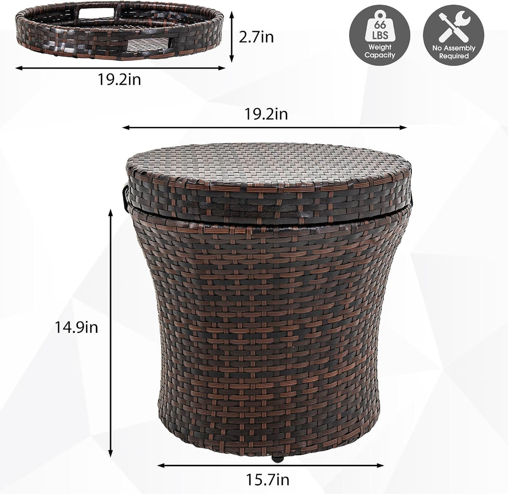 Brown Rattan Storage Side Table Steel Frame Patio Furniture