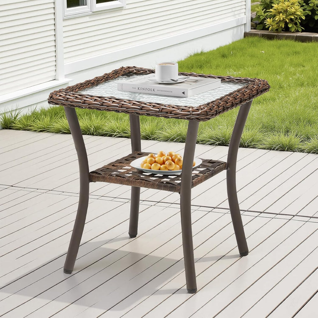 Brown Wicker Square Side Table Outdoor Patio Furniture