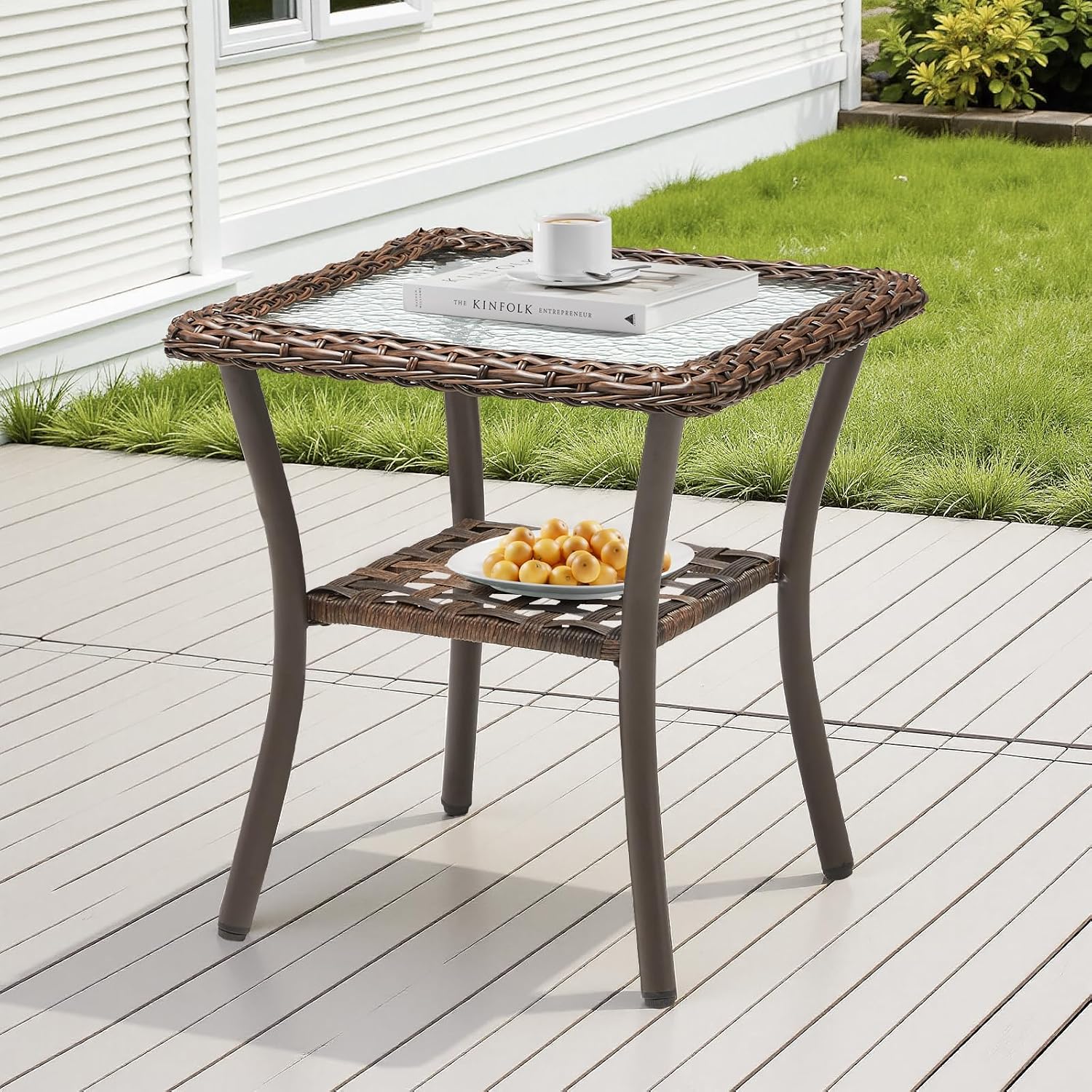 Brown Wicker Square Side Table Outdoor Patio Furniture