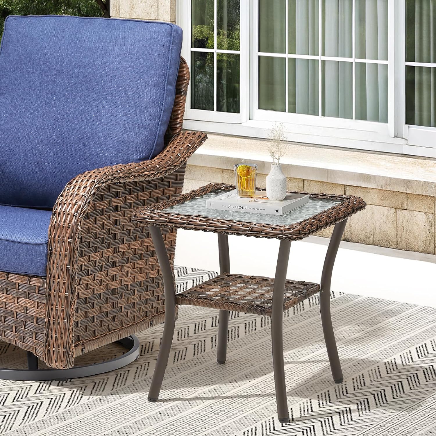 Brown Wicker Square Side Table Outdoor Patio Furniture