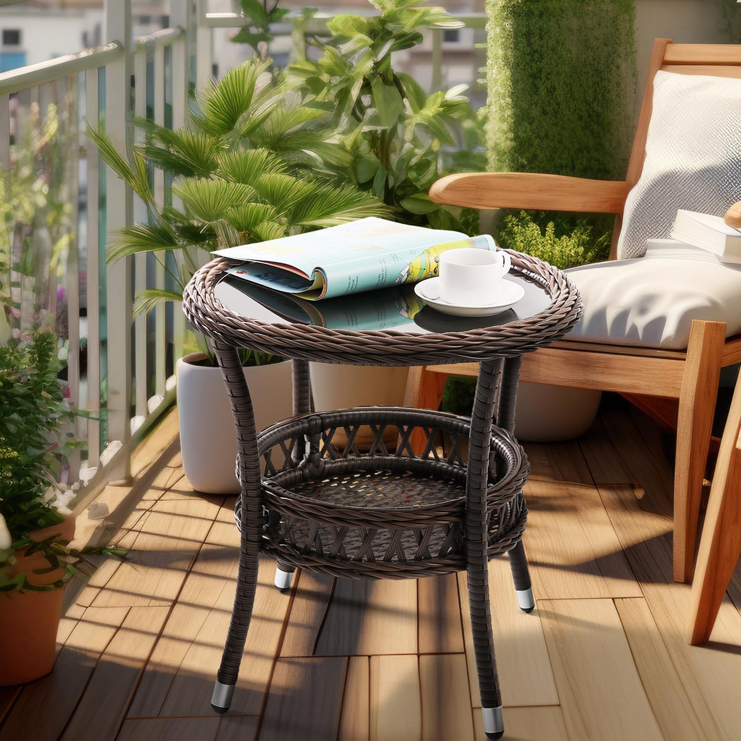 Brown Rattan Round Side Table Glass Top Patio Furniture