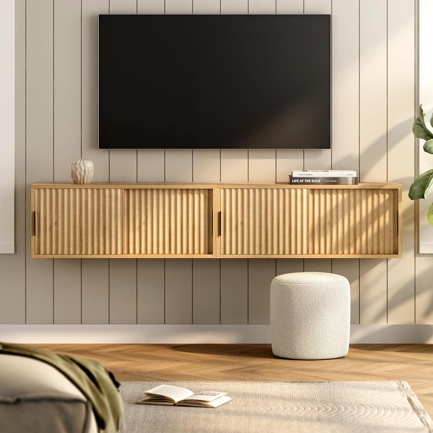 Oak Fluted Floating TV Shelves 2 Pack Storage Console