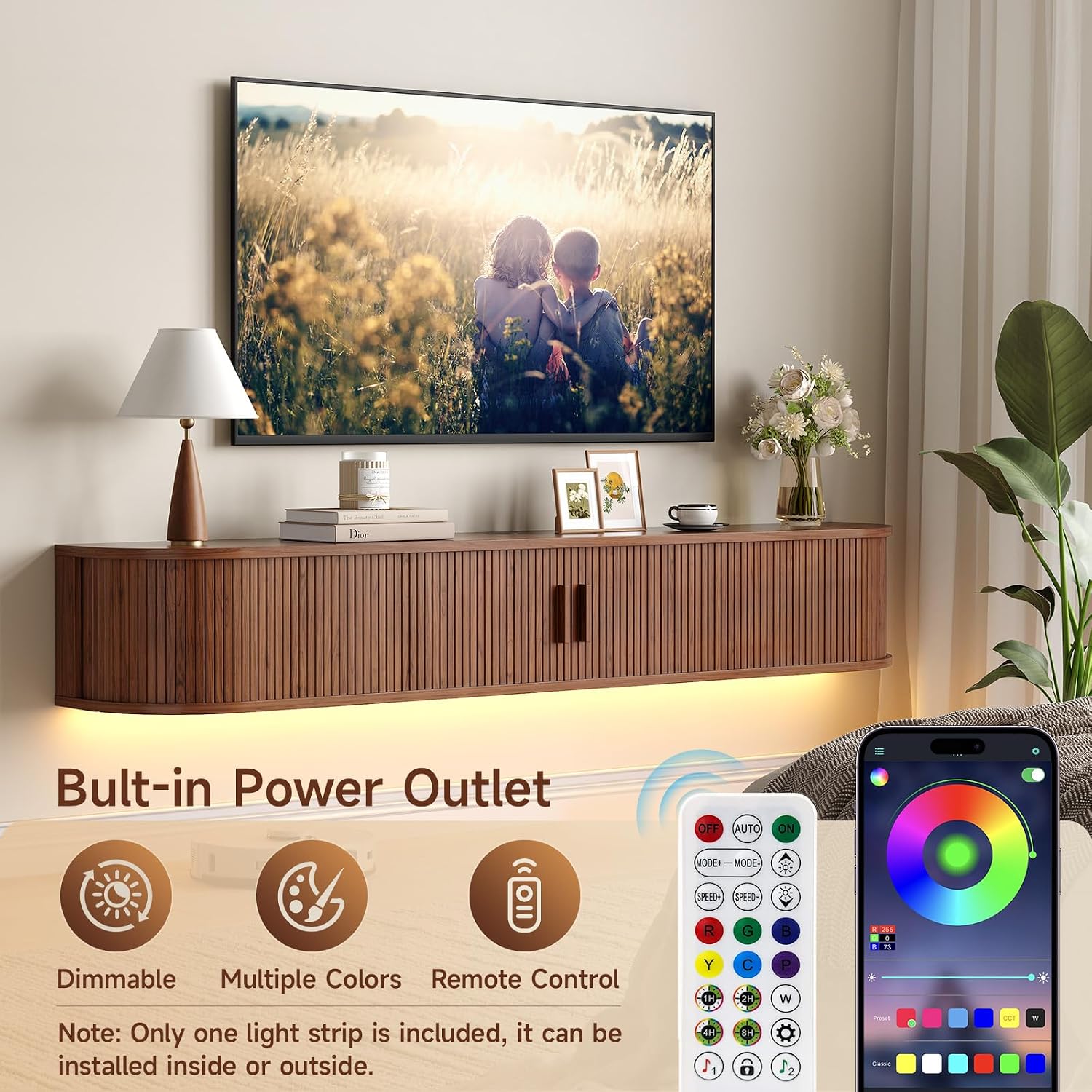 Walnut Fluted LED TV Stand Power Outlet Console