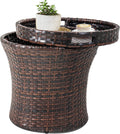 Brown Rattan Storage Side Table Steel Frame Patio Furniture