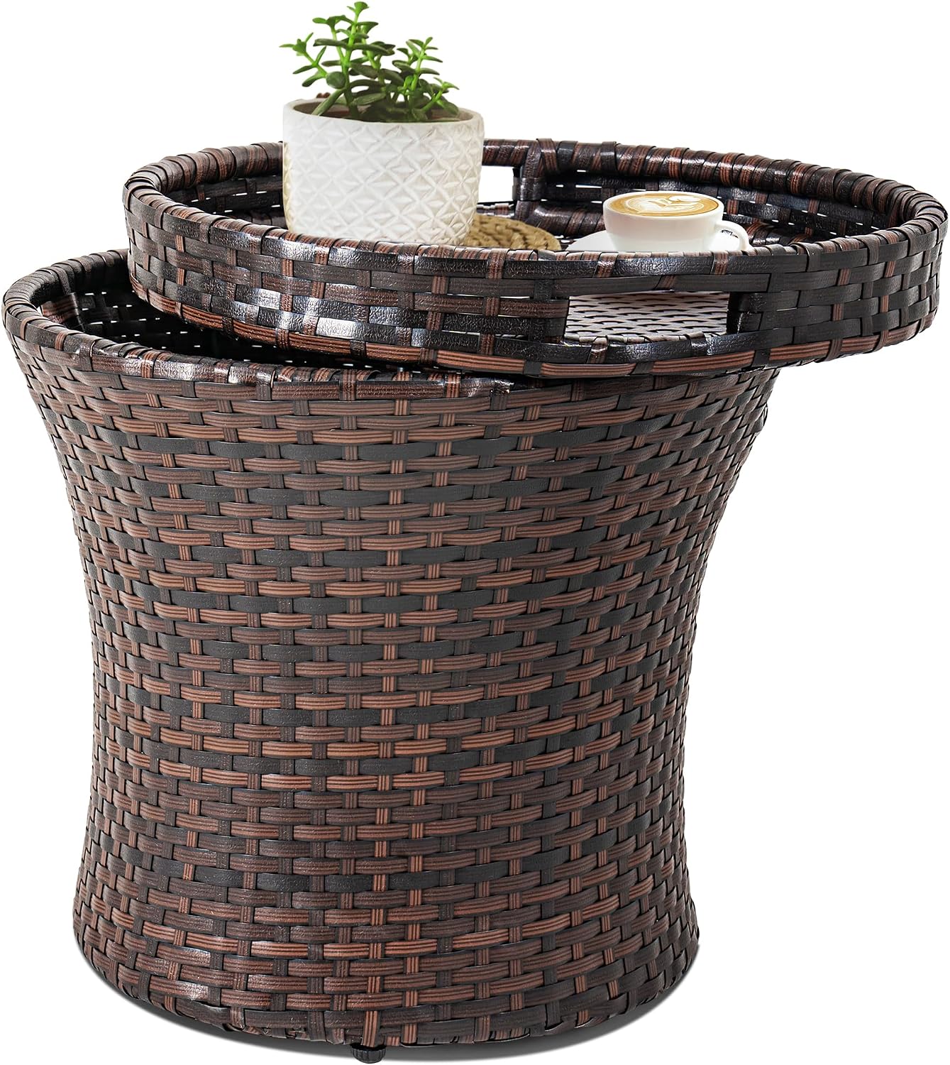 Brown Rattan Storage Side Table Steel Frame Patio Furniture