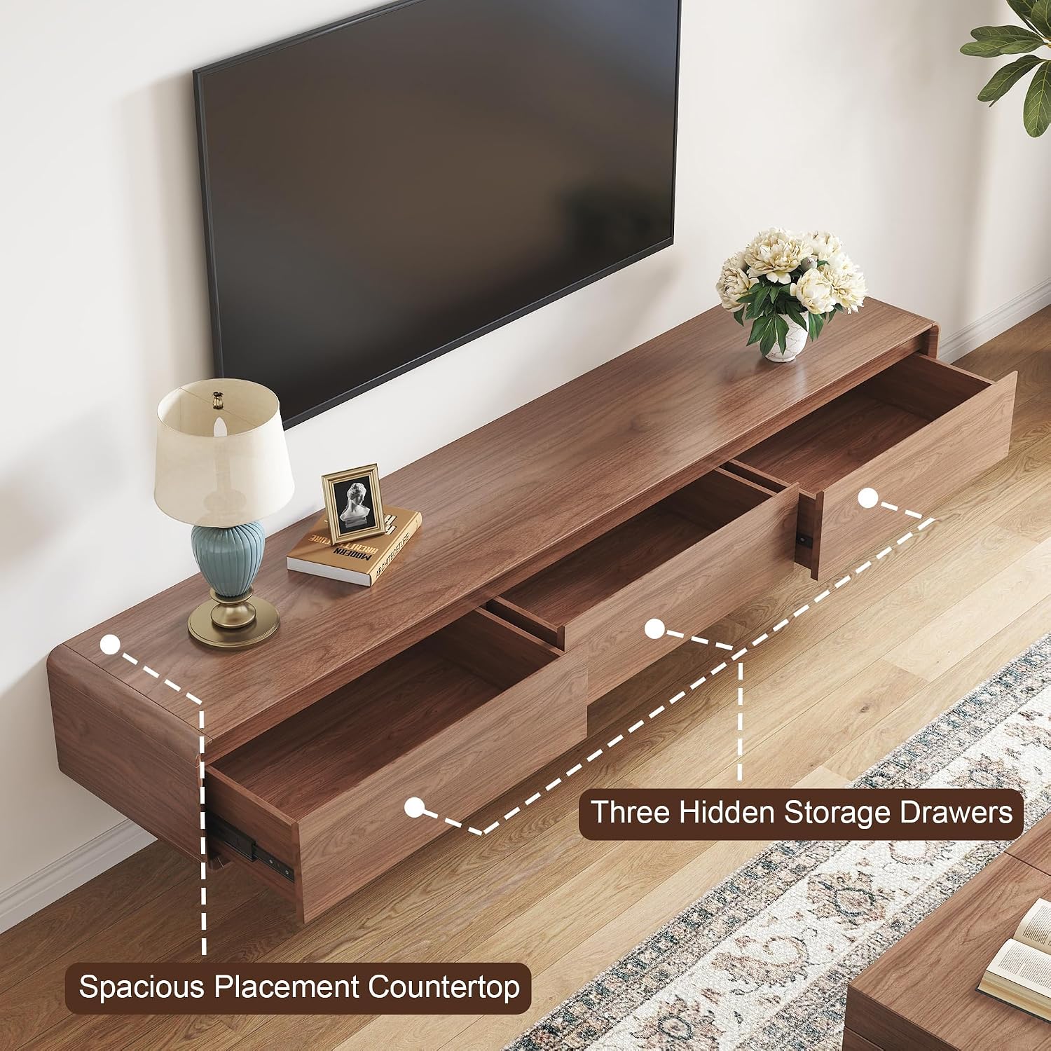 Walnut Floating TV Stand Three Drawer Media Console