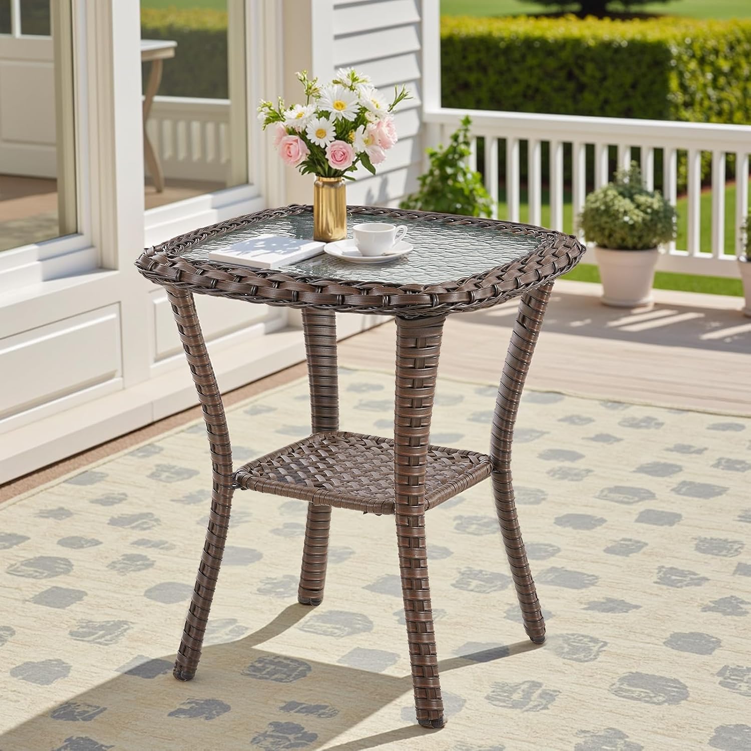 Brown Square Wicker Side Table All Weather Patio Furniture