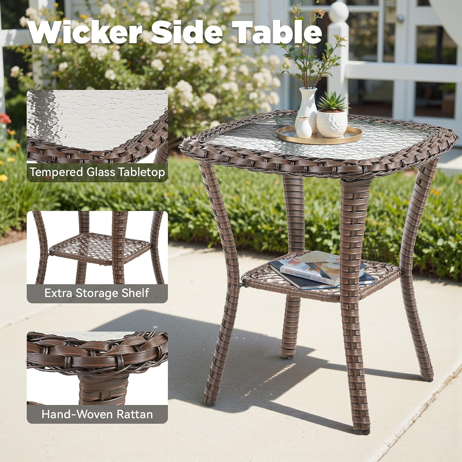 Brown Square Wicker Side Table All Weather Patio Furniture