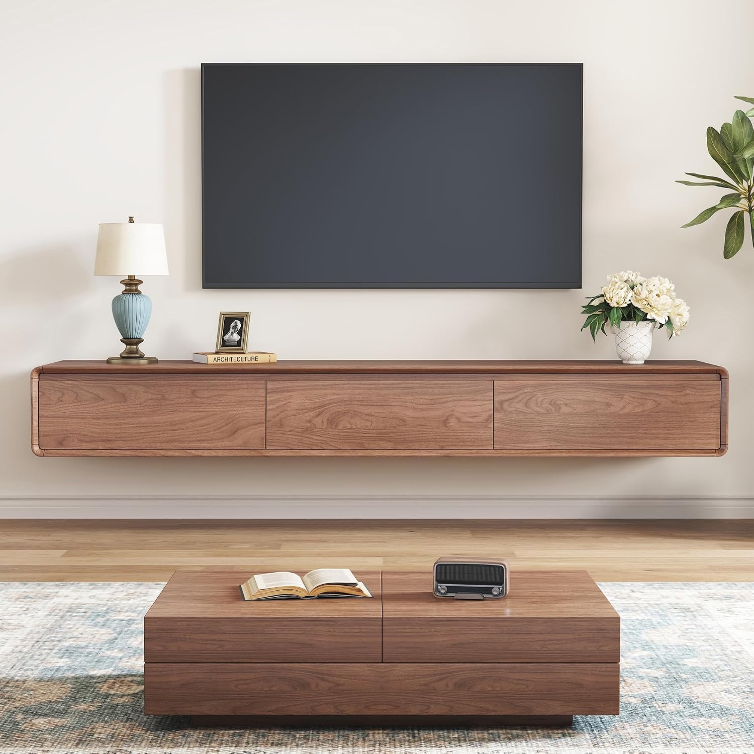Walnut Floating TV Stand Three Drawer Media Console