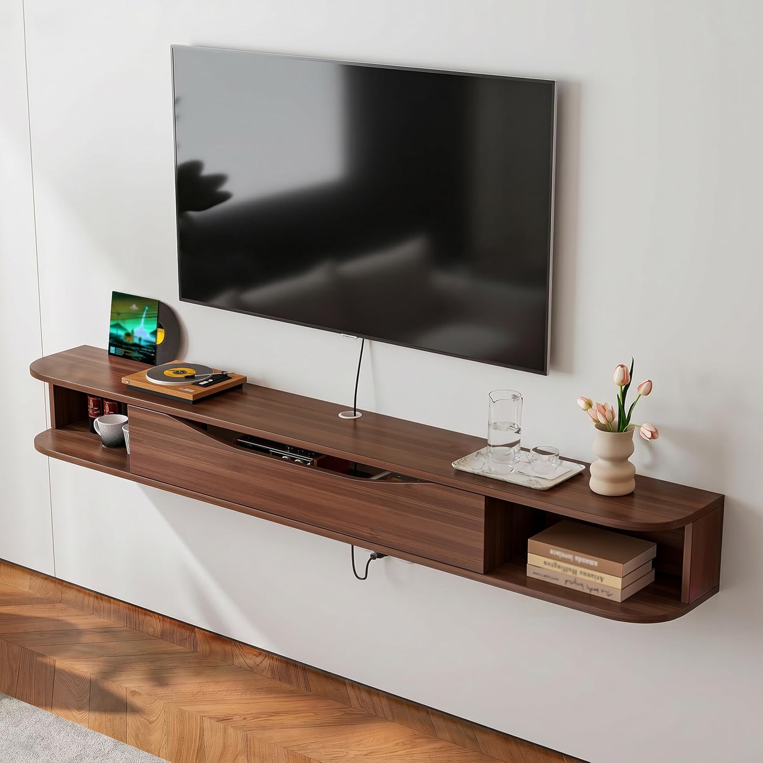 Walnut Floating Wall Mount TV Storage Console Cabinet