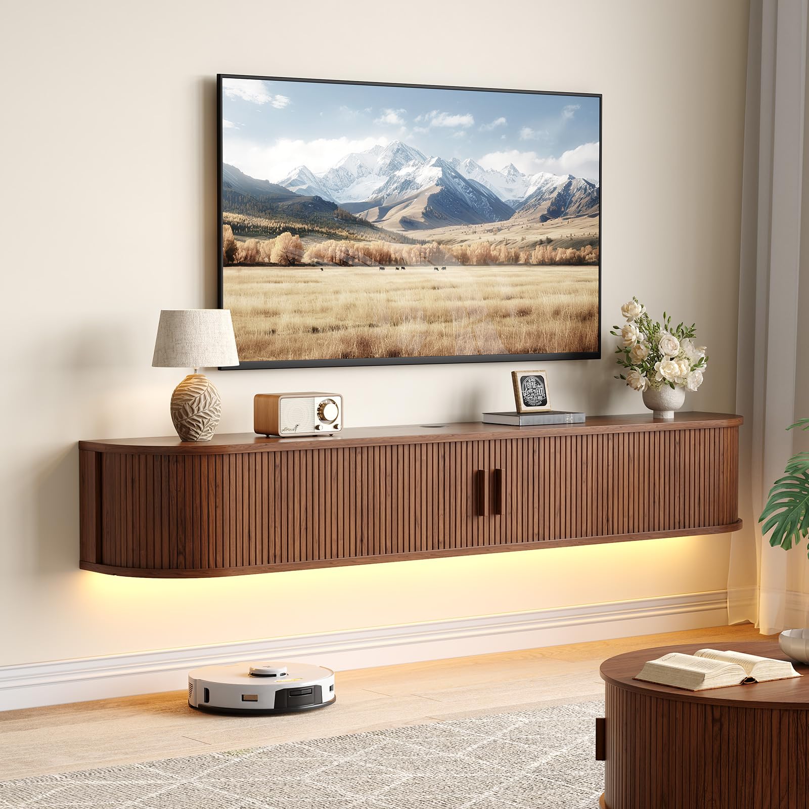 Walnut Fluted LED TV Stand Power Outlet Console