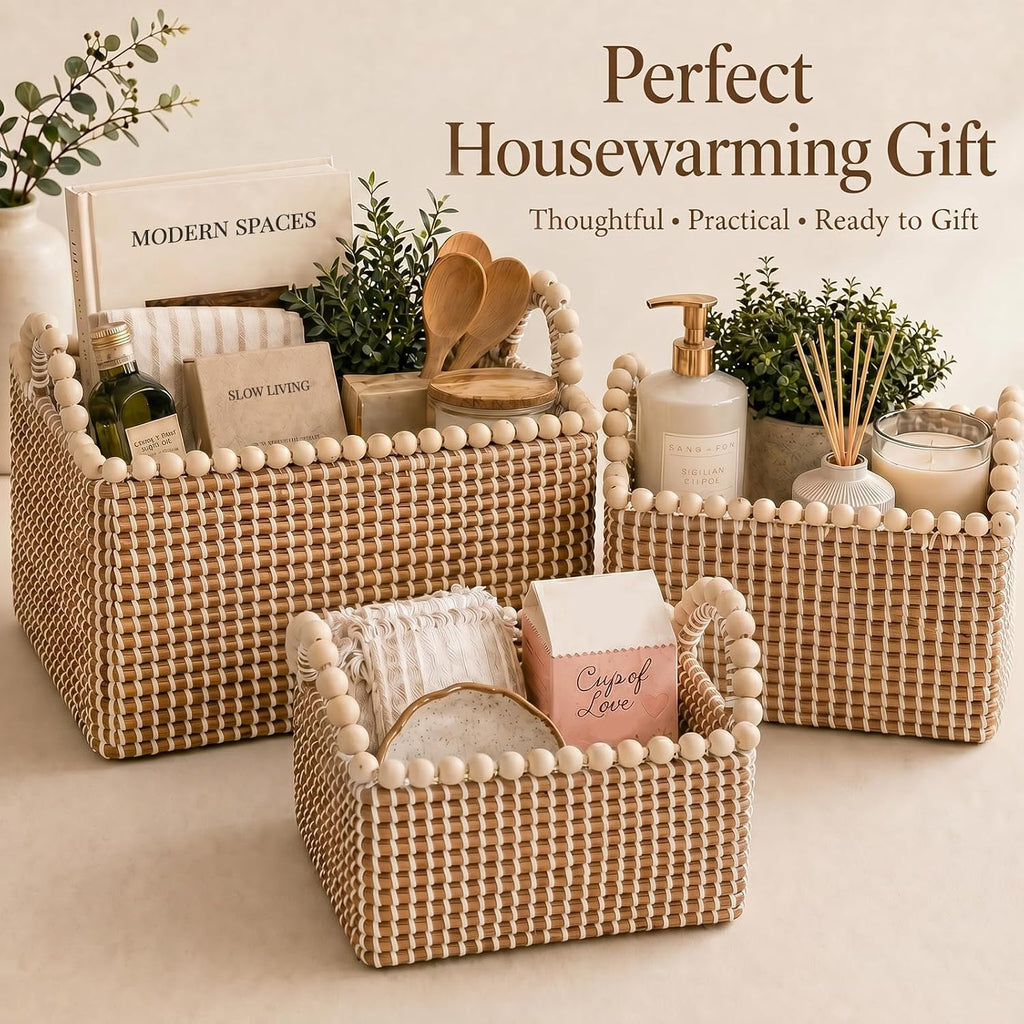 Beaded Handle Seagrass Baskets 3 Pack Home Storage Bins