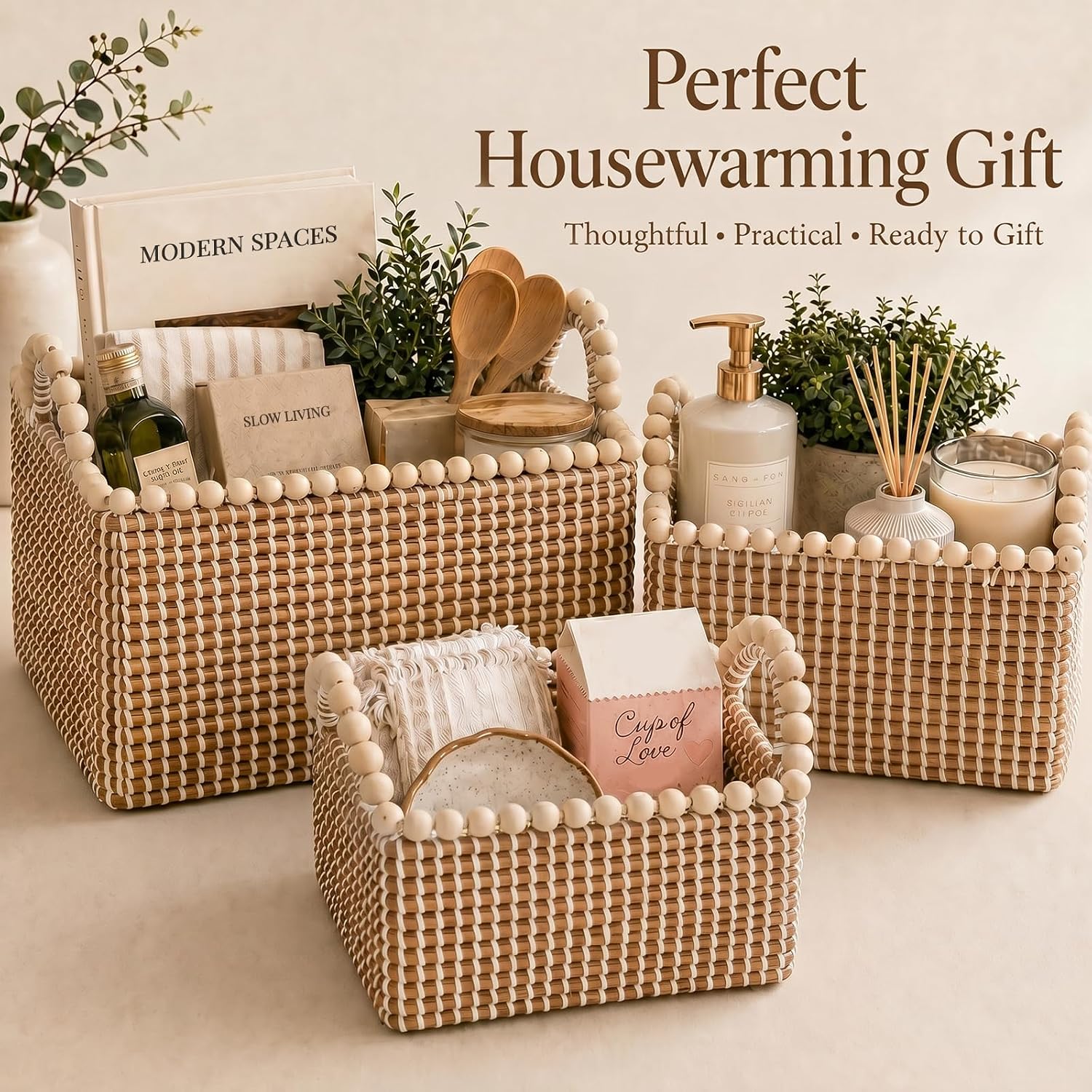 Beaded Handle Seagrass Baskets 3 Pack Home Storage Bins