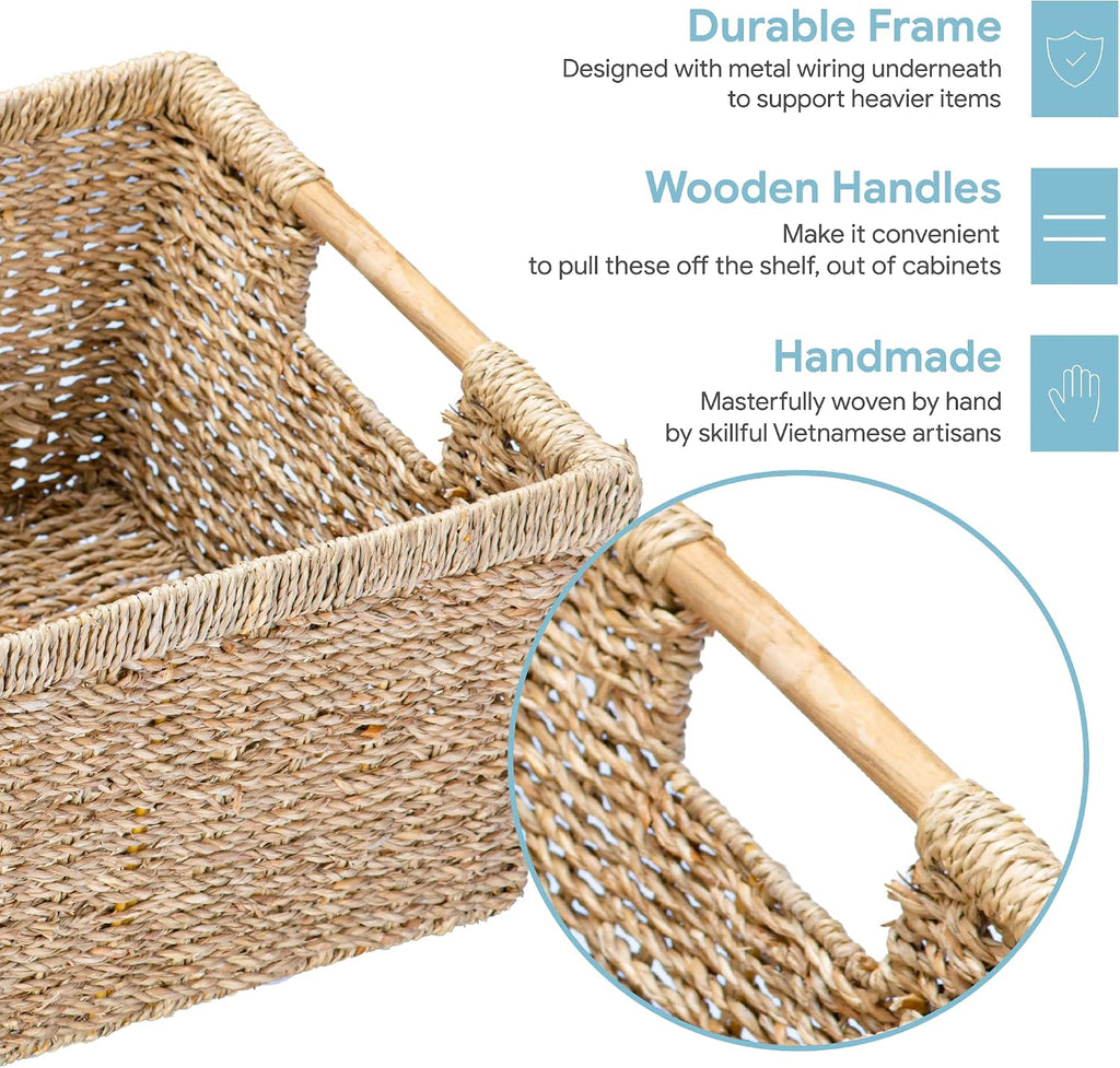 Natural Seagrass Bin Wooden Handles Shelf Storage Basket
