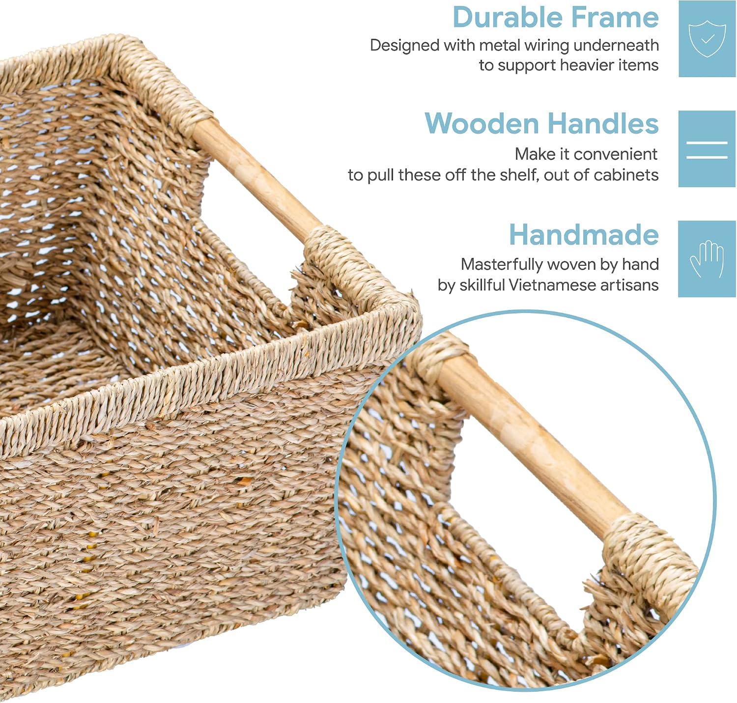 Natural Seagrass Bin Wooden Handles Shelf Storage Basket