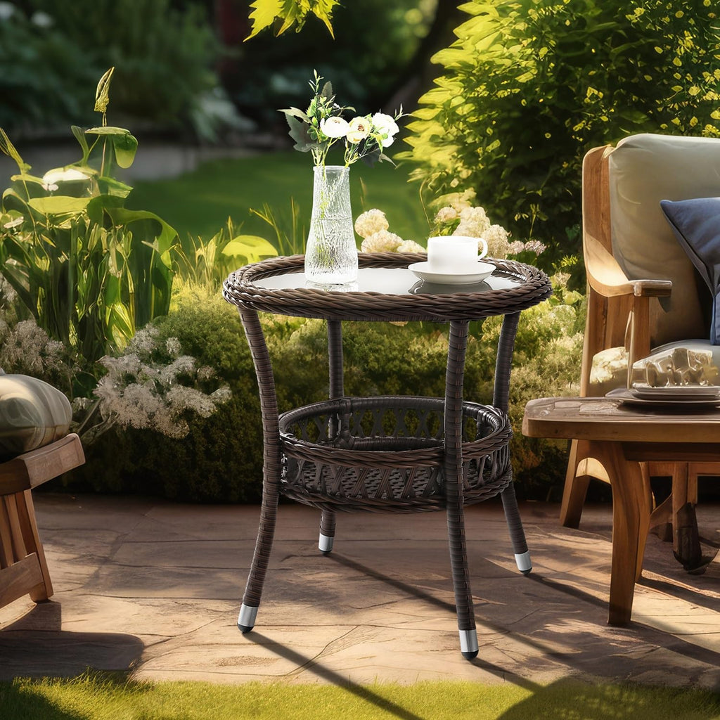 Brown Rattan Round Side Table Glass Top Patio Furniture