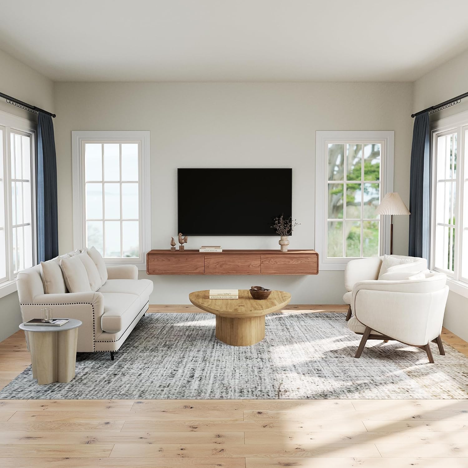 Walnut Floating TV Stand Three Drawer Media Console